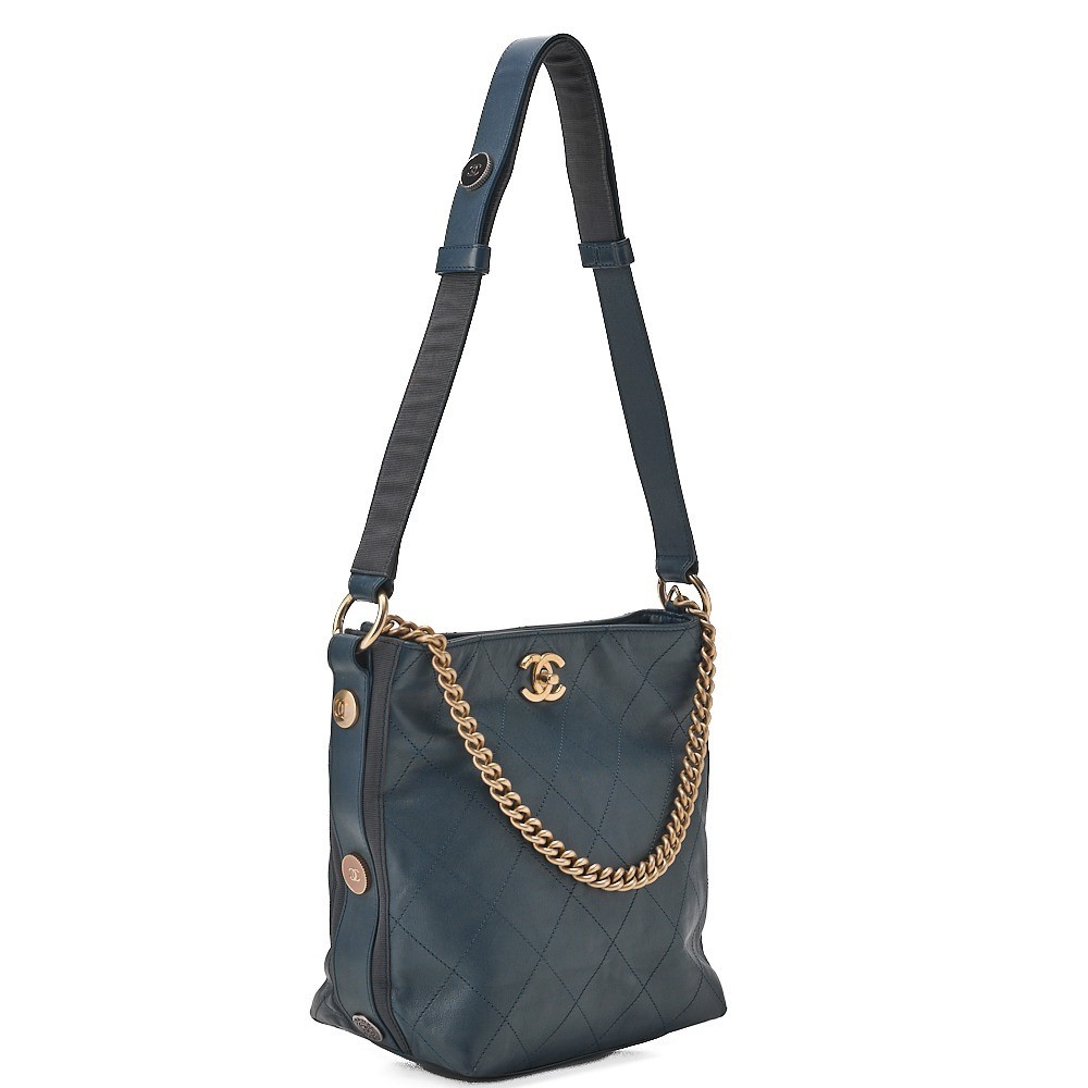 Leather Skin Matelassé 2-Way Shoulder Bag, Navy — view 3