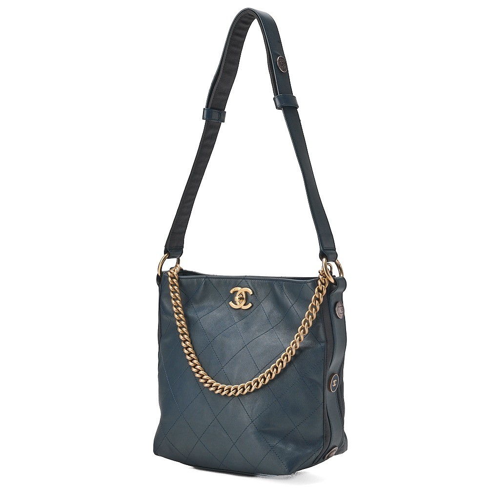 Leather Skin Matelassé 2-Way Shoulder Bag, Navy — view 4