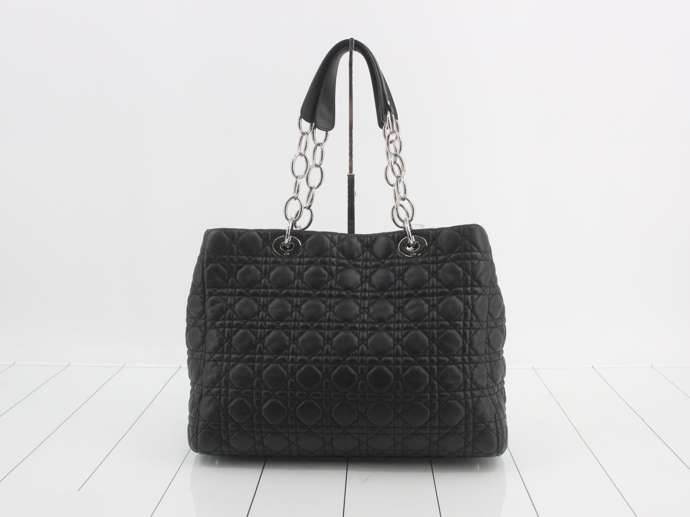Cannage Leather Chain Tote Bag, Black — view 2