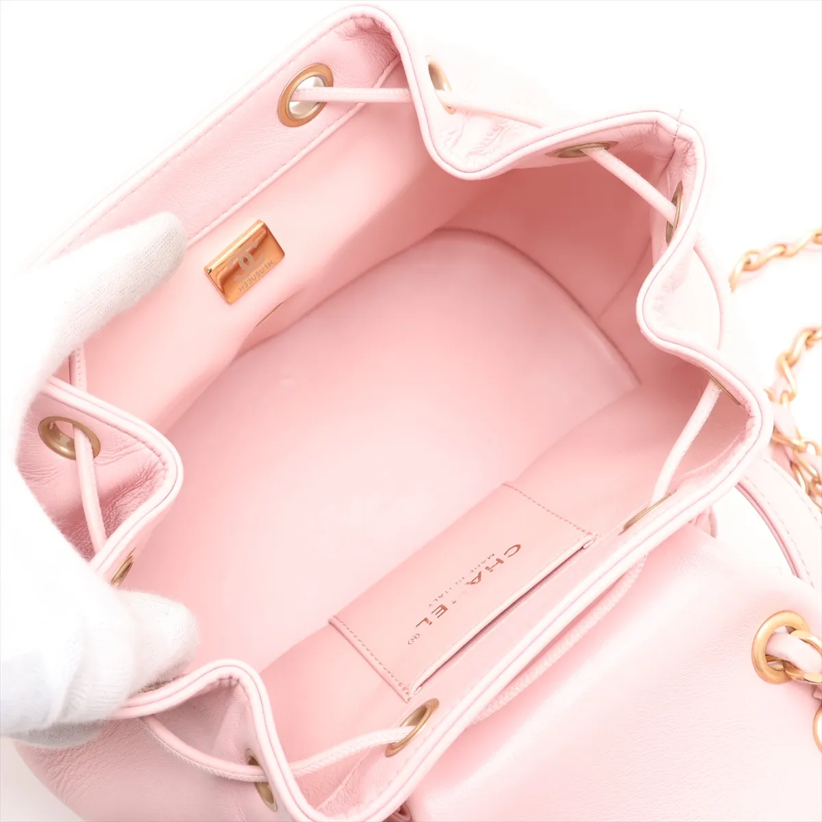 Matelassé Lambskin Chain Backpack, Pink with Gold Hardware, H33U5U1H, Random Plate — view 7
