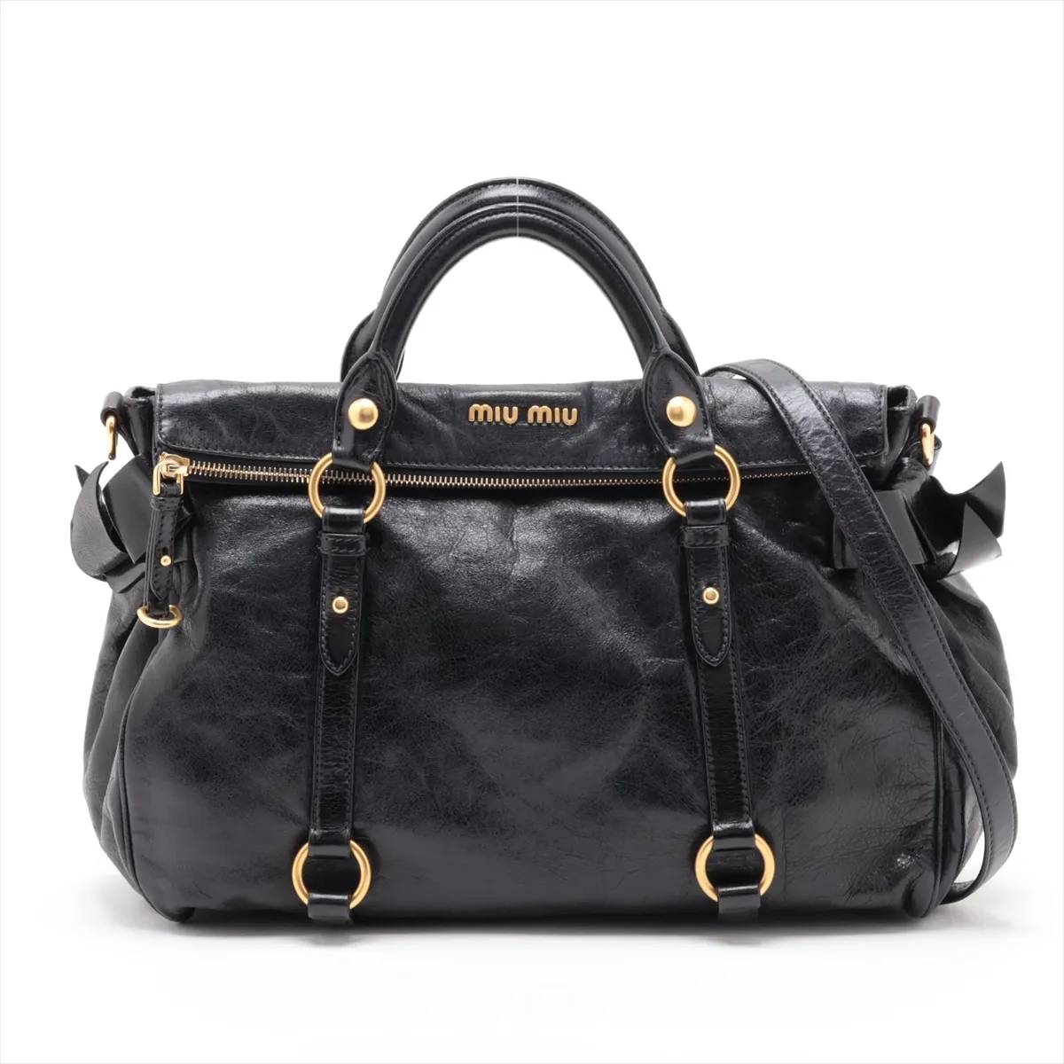 Side Ribbon Leather 2-Way Handbag, Black