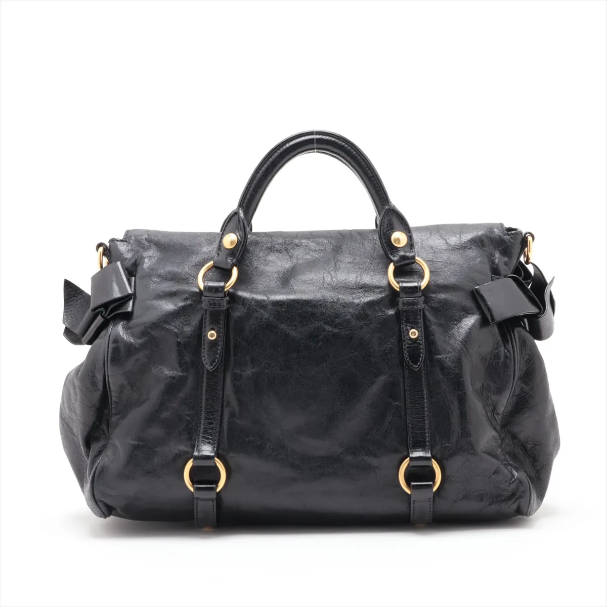 Side Ribbon Leather 2-Way Handbag, Black — view 2