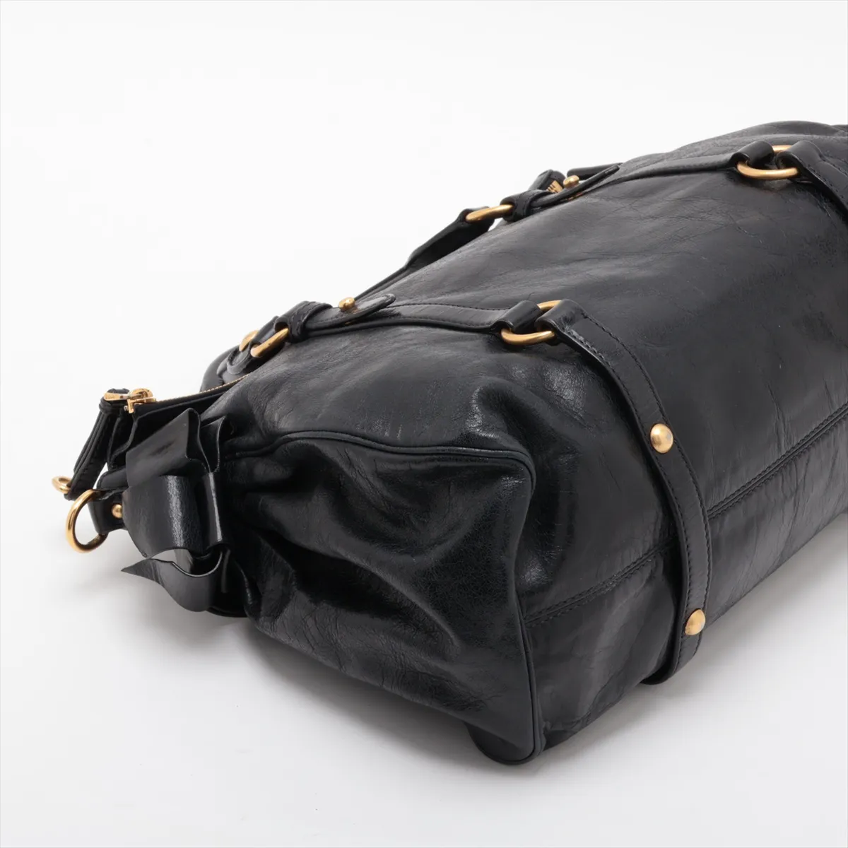 Side Ribbon Leather 2-Way Handbag, Black — view 4