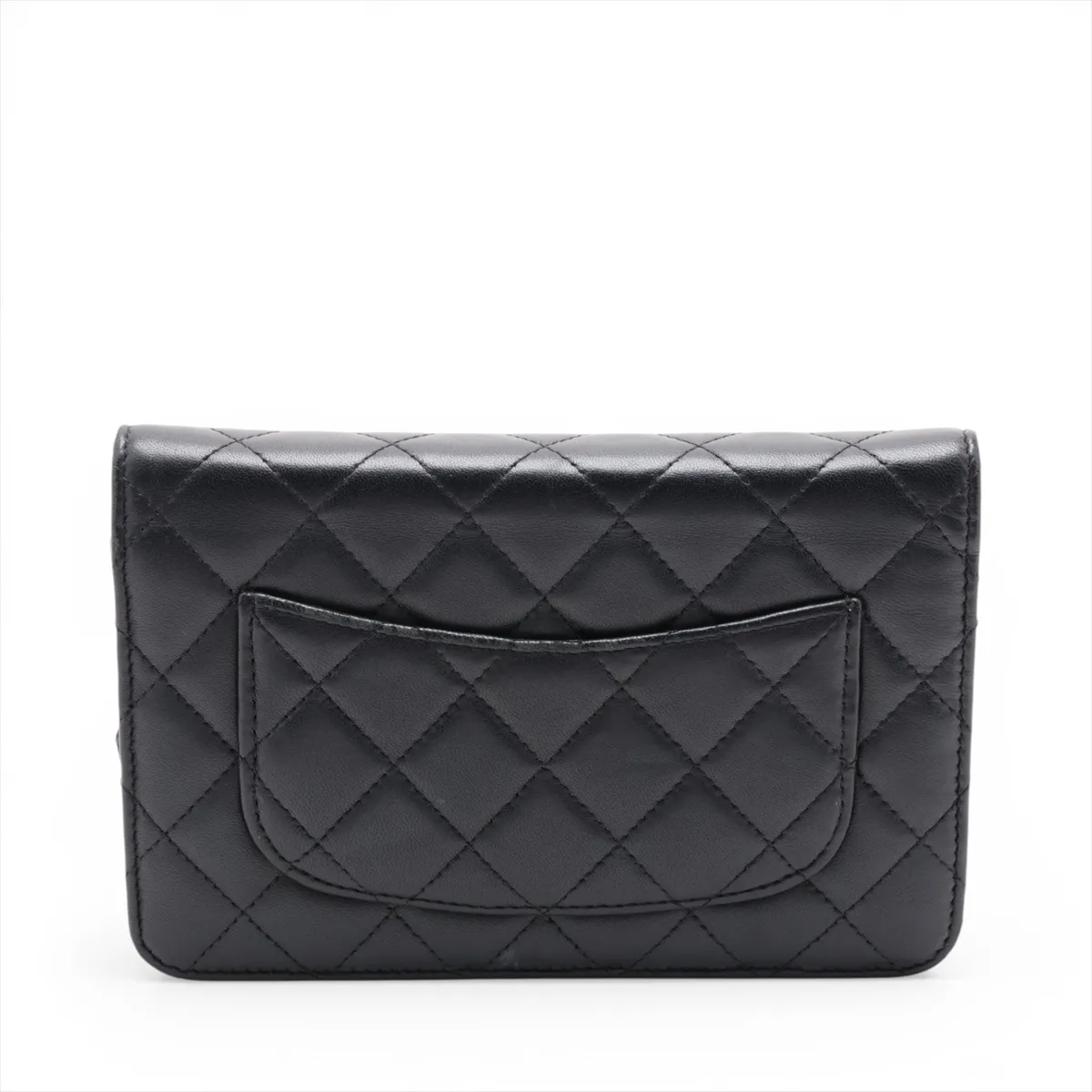 Matelassé Lambskin Chain Wallet, Black, Silver Hardware, K7E1CHK5, Random Plate — view 2