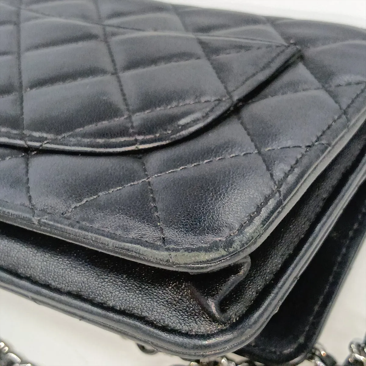 Matelassé Lambskin Chain Wallet, Black, Silver Hardware, K7E1CHK5, Random Plate — view 13