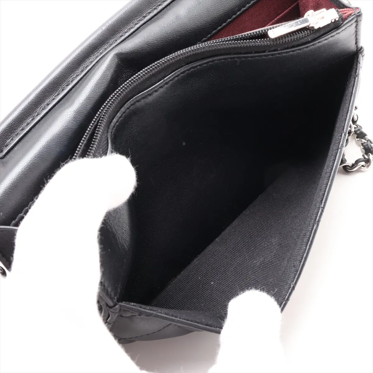 Matelassé Lambskin Chain Wallet, Black, Silver Hardware, K7E1CHK5, Random Plate — view 6
