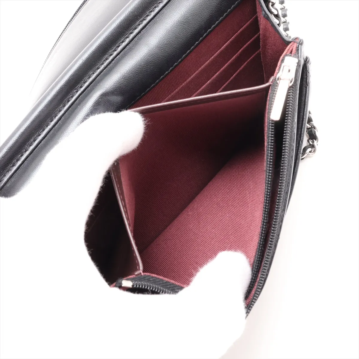 Matelassé Lambskin Chain Wallet, Black, Silver Hardware, K7E1CHK5, Random Plate — view 8