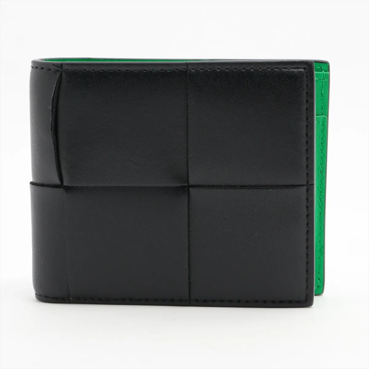 Maxi Intrecciato Cassette Leather Compact Wallet, Black x Green — view 2