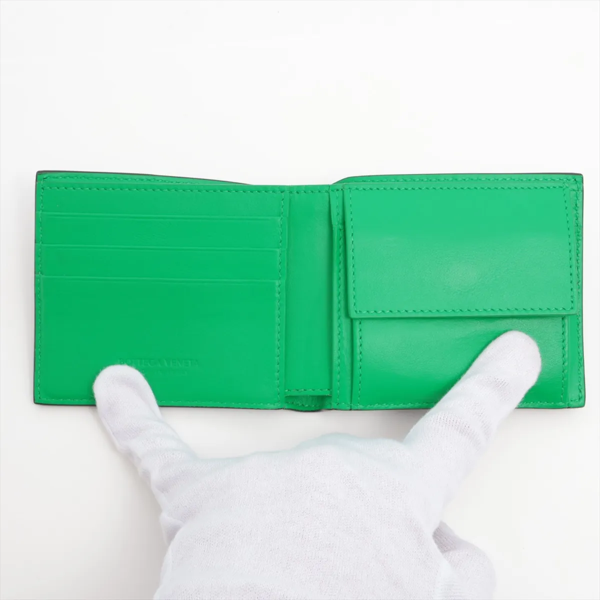 Maxi Intrecciato Cassette Leather Compact Wallet, Black x Green — view 3