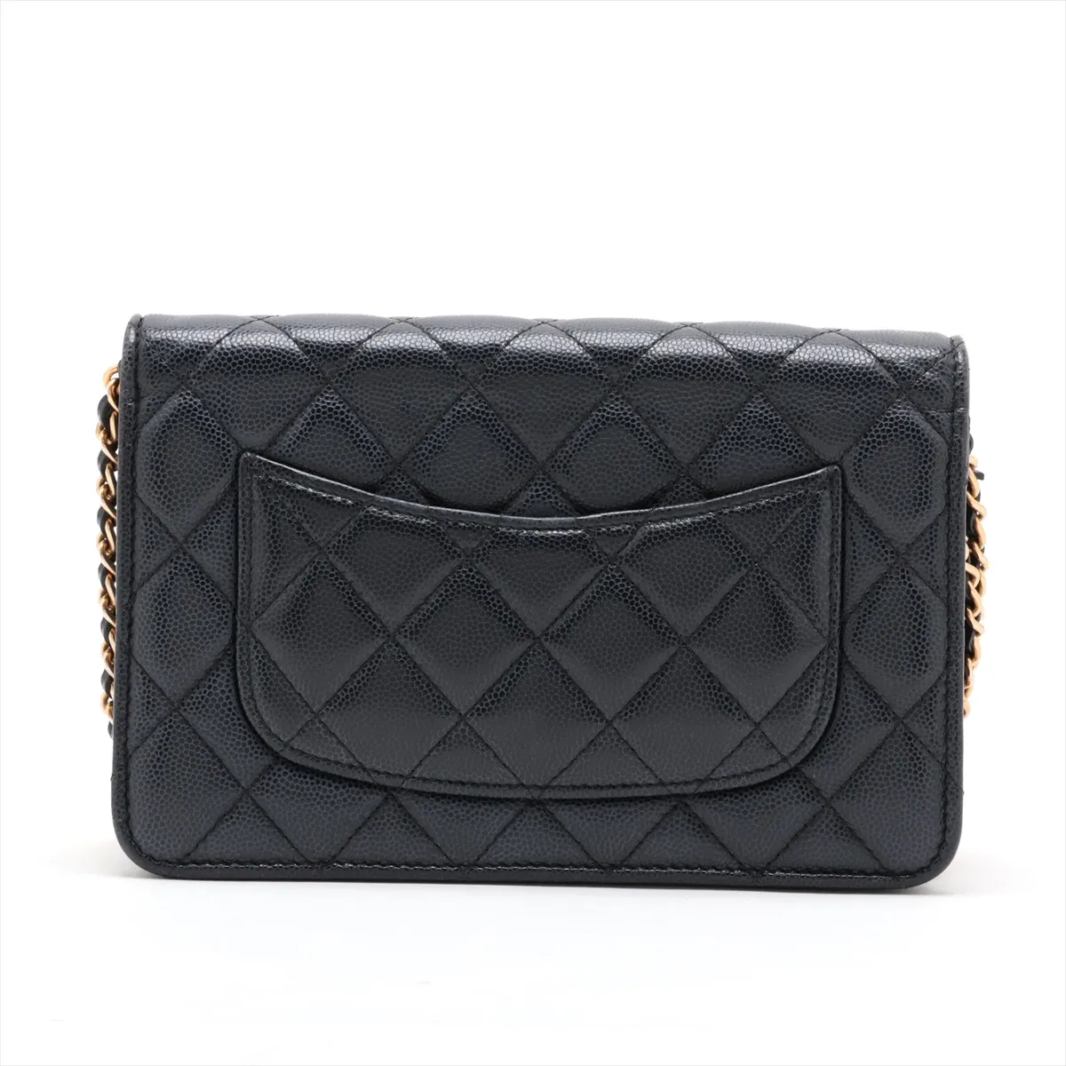 Matelassé Caviar Skin Chain Wallet, Navy, Gold Hardware, E7EX7U99, Random Plate — view 2
