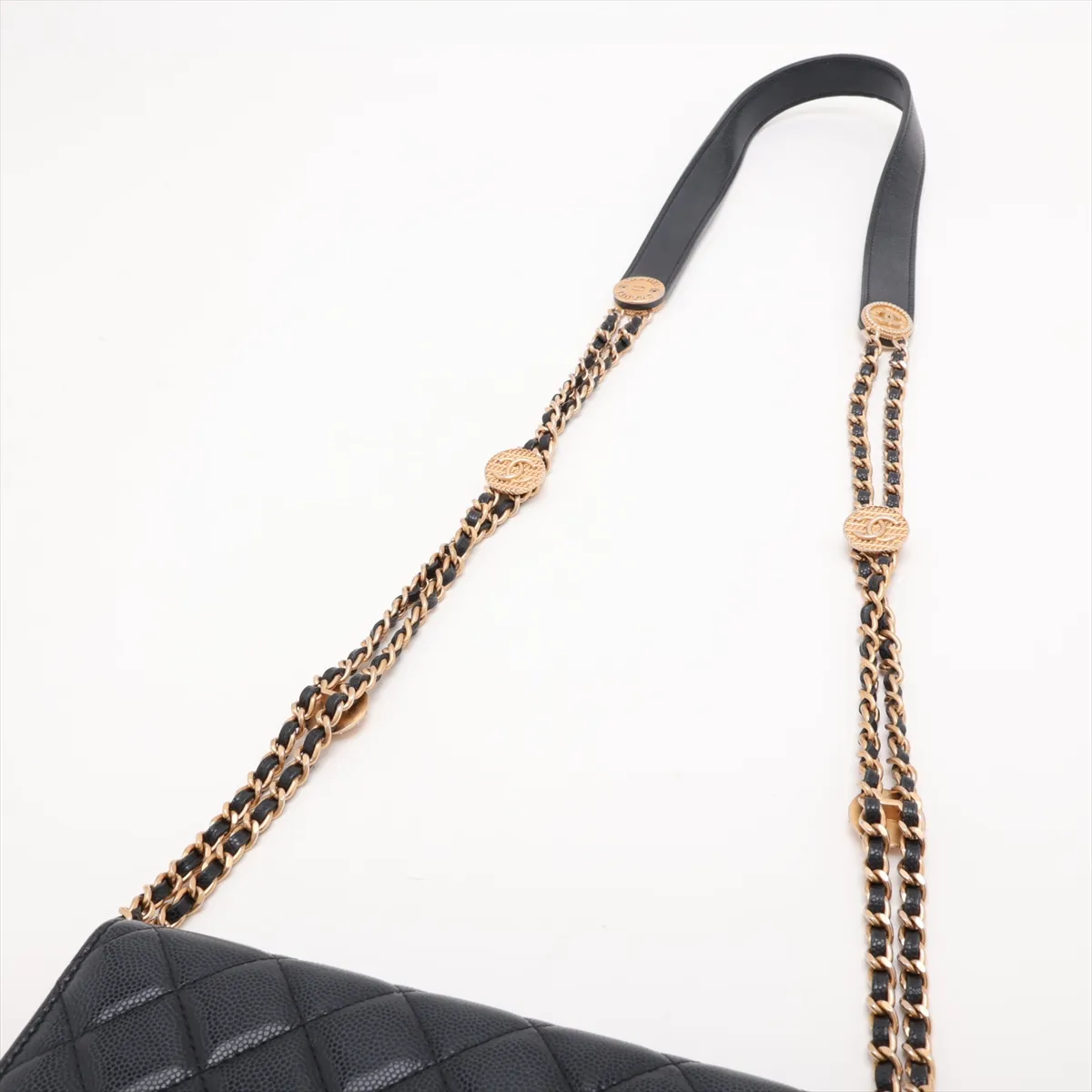 Matelassé Caviar Skin Chain Wallet, Navy, Gold Hardware, E7EX7U99, Random Plate — view 5