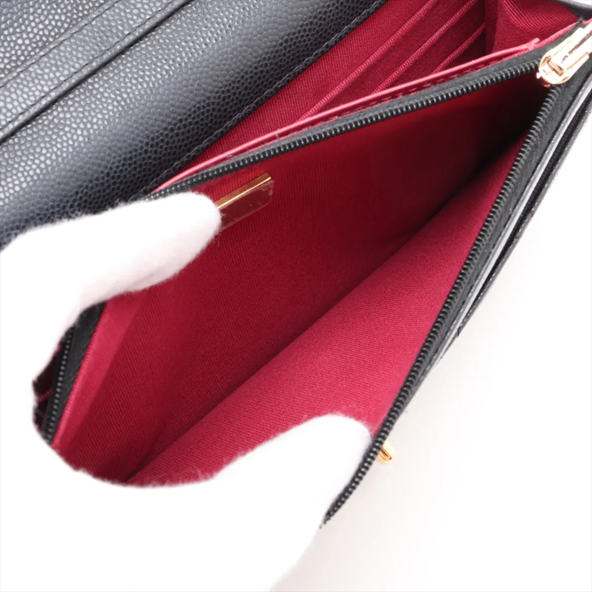 Matelassé Caviar Skin Chain Wallet, Navy, Gold Hardware, E7EX7U99, Random Plate — view 8