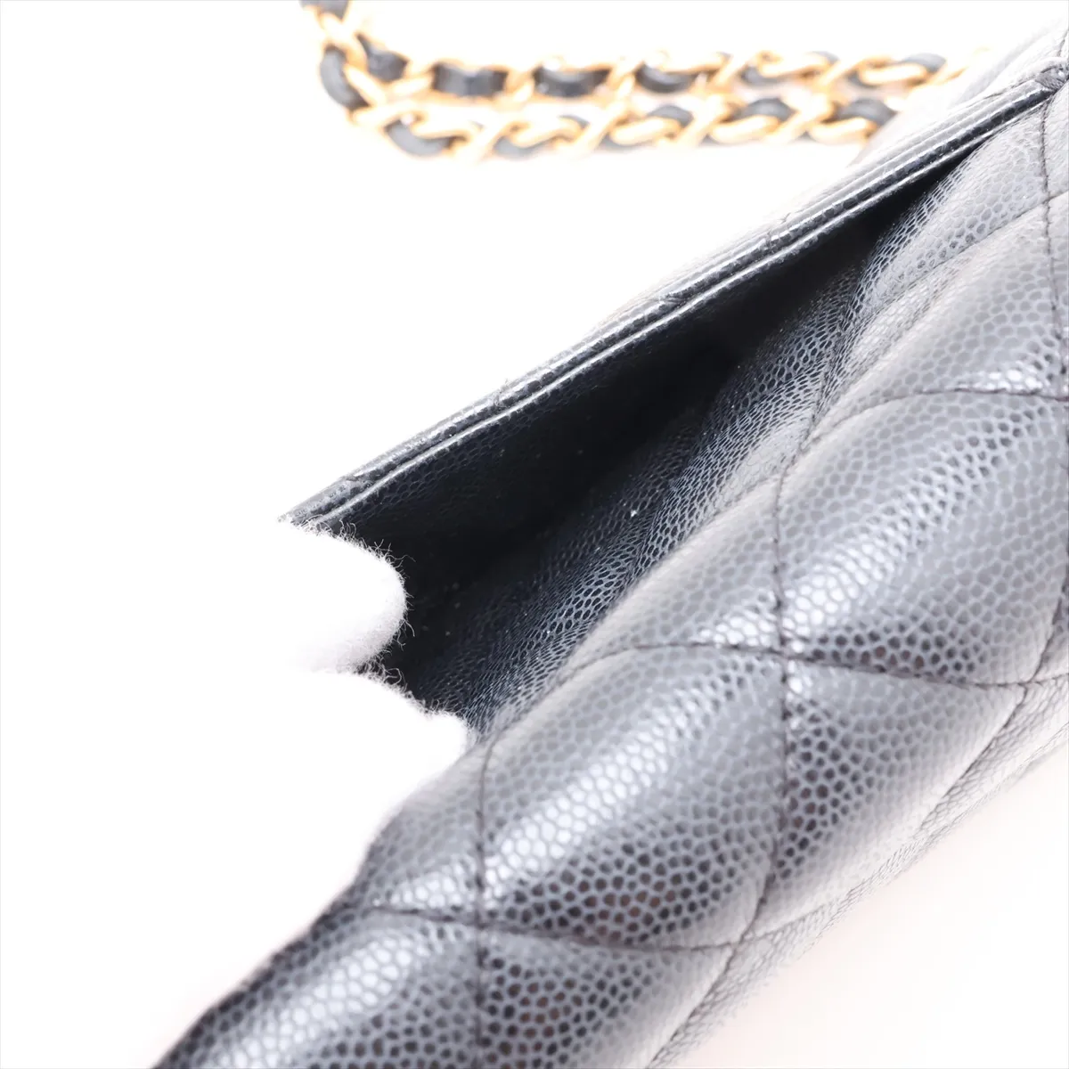 Matelassé Caviar Skin Chain Wallet, Navy, Gold Hardware, E7EX7U99, Random Plate — view 10