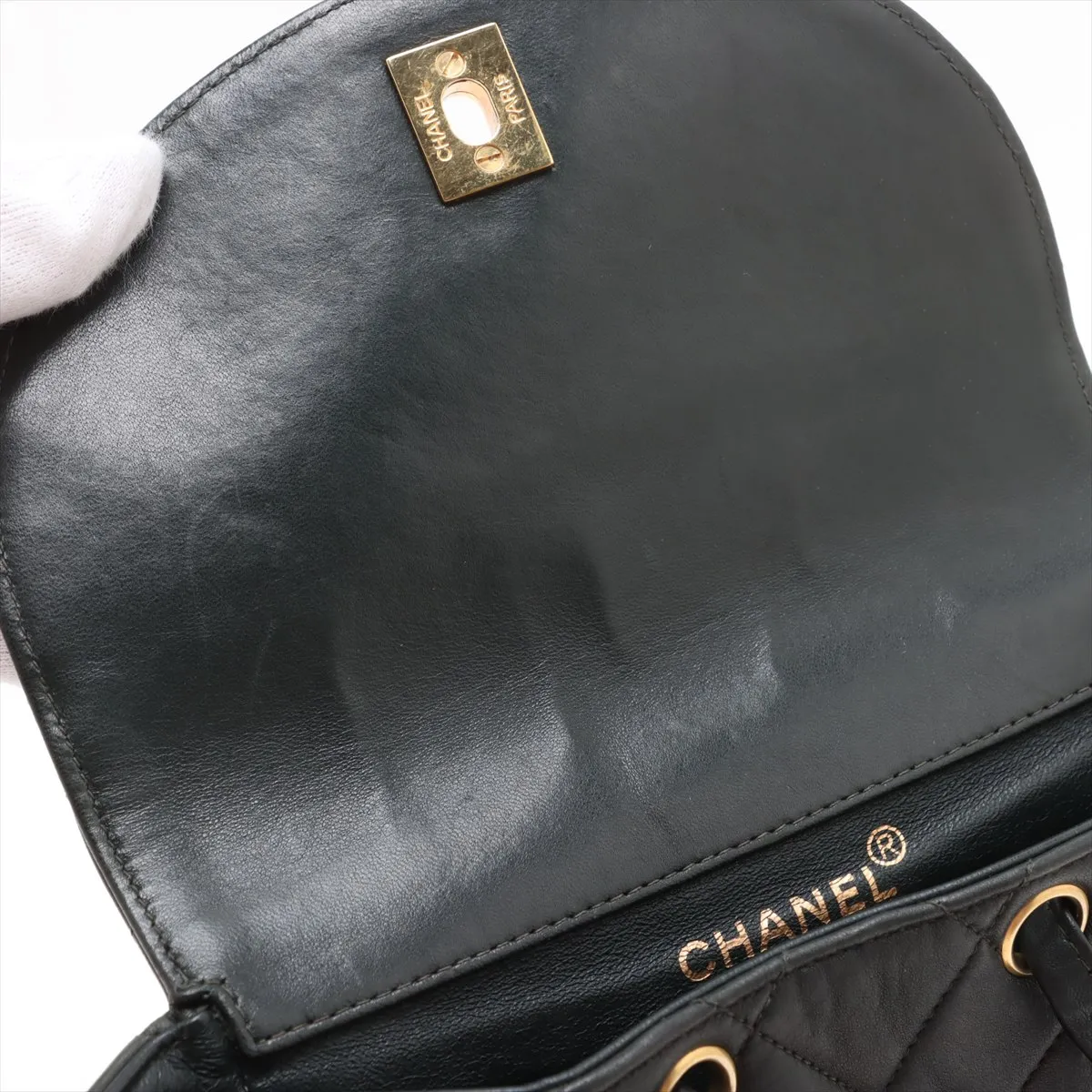 Matelassé Lambskin Chain Backpack, Green with Gold Hardware — view 11