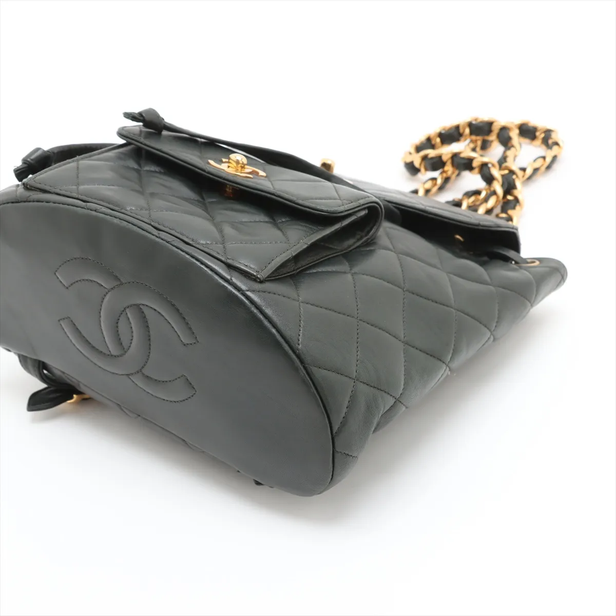 Matelassé Lambskin Chain Backpack, Green with Gold Hardware — view 3