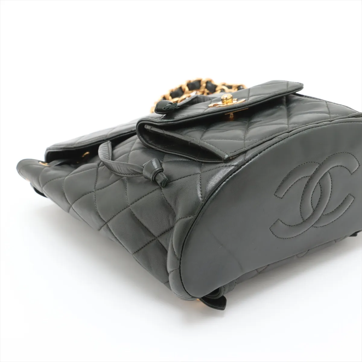 Matelassé Lambskin Chain Backpack, Green with Gold Hardware — view 4