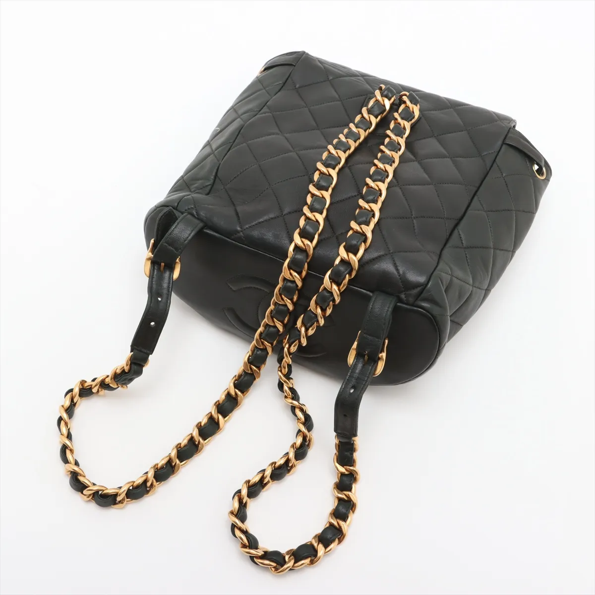 Matelassé Lambskin Chain Backpack, Green with Gold Hardware — view 5