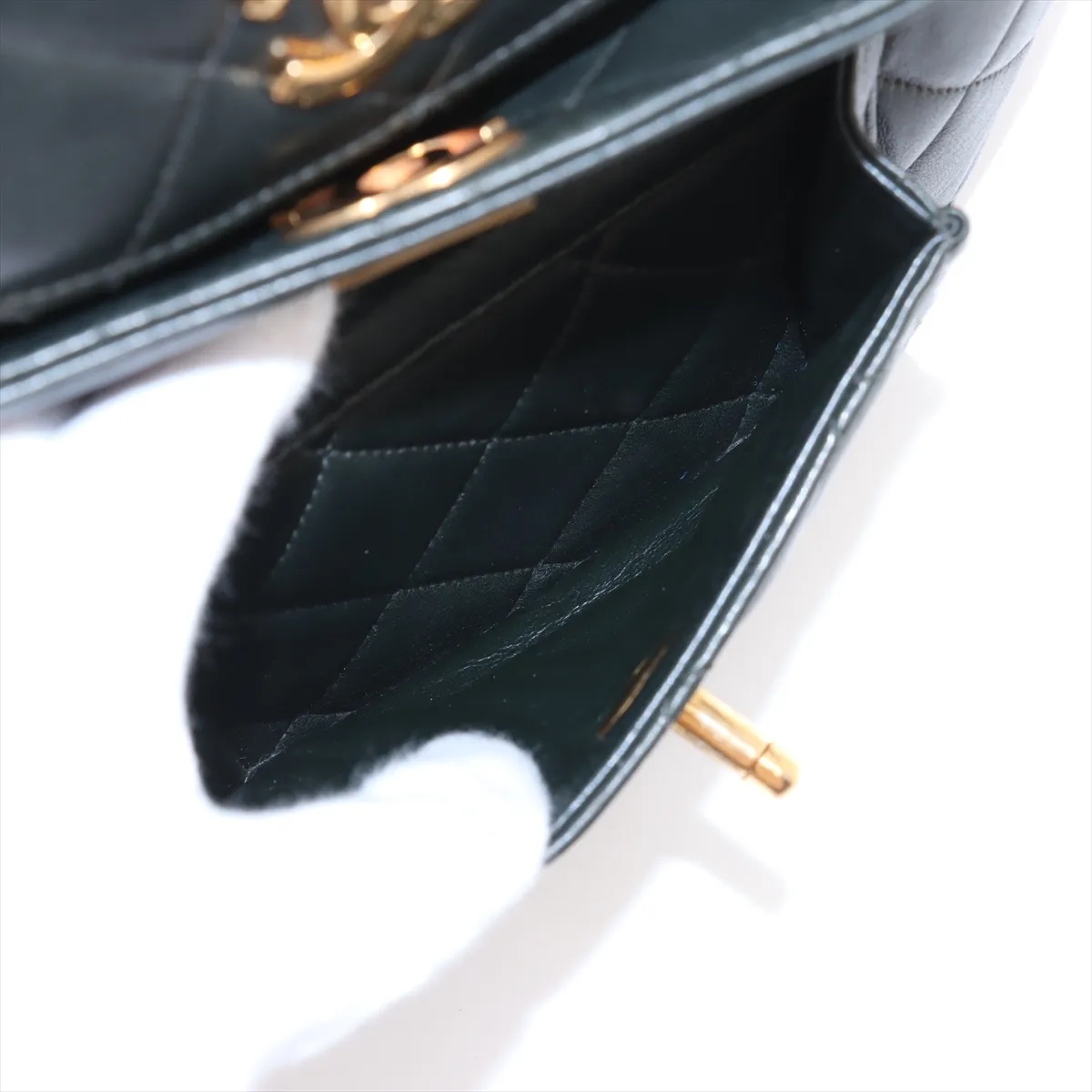 Matelassé Lambskin Chain Backpack, Green with Gold Hardware — view 8