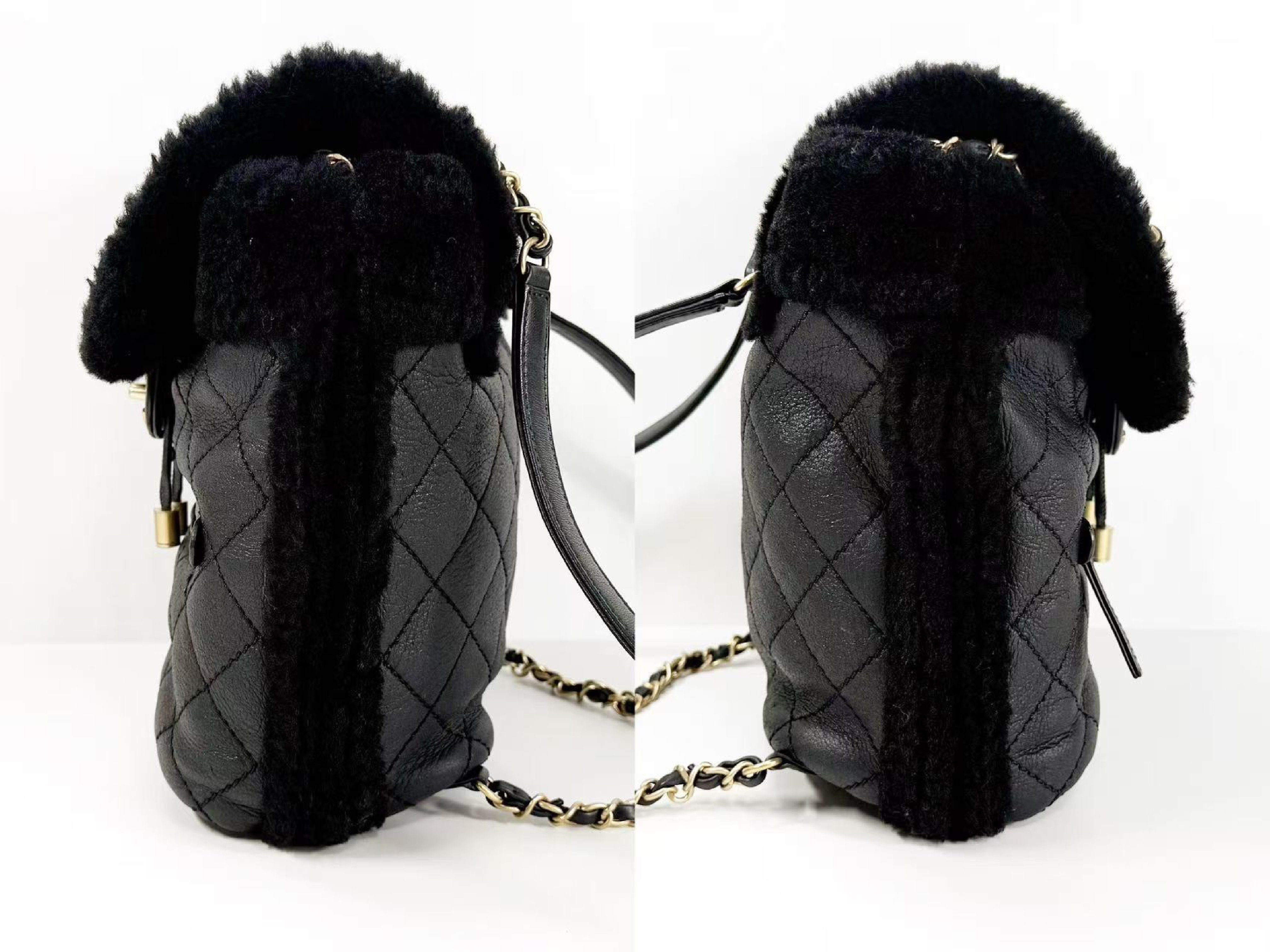Black Matelassé Leather x Shearling Tanlock Backpack, W20/H25/D10cm (approx.), Serial Number 26-something, with original sticker, Vintage Gold Hardware, 26043800 — view 12
