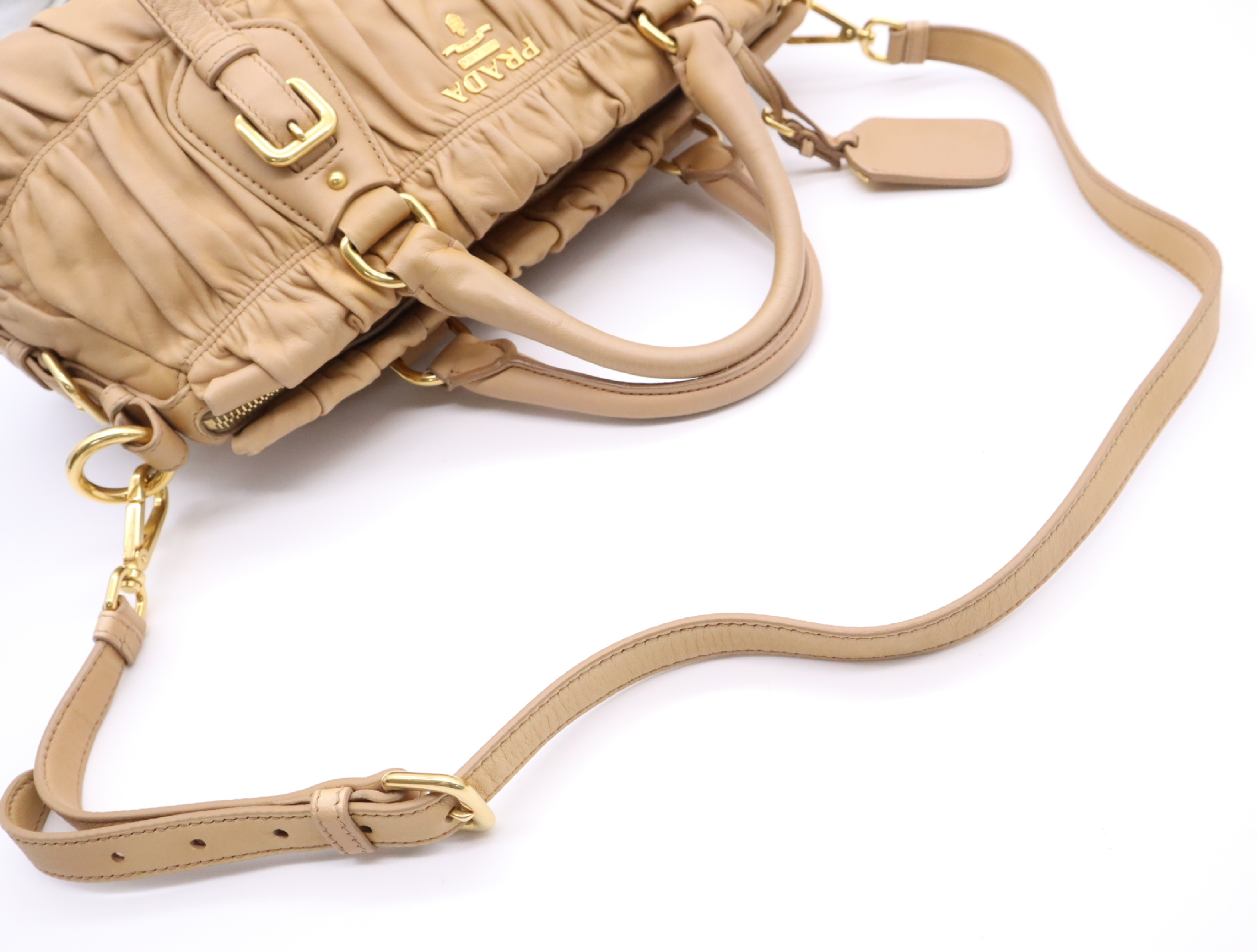 Leather Handbag, Beige, Gold Hardware, with Shoulder Strap, Name Tag, and Card Holder. — view 12