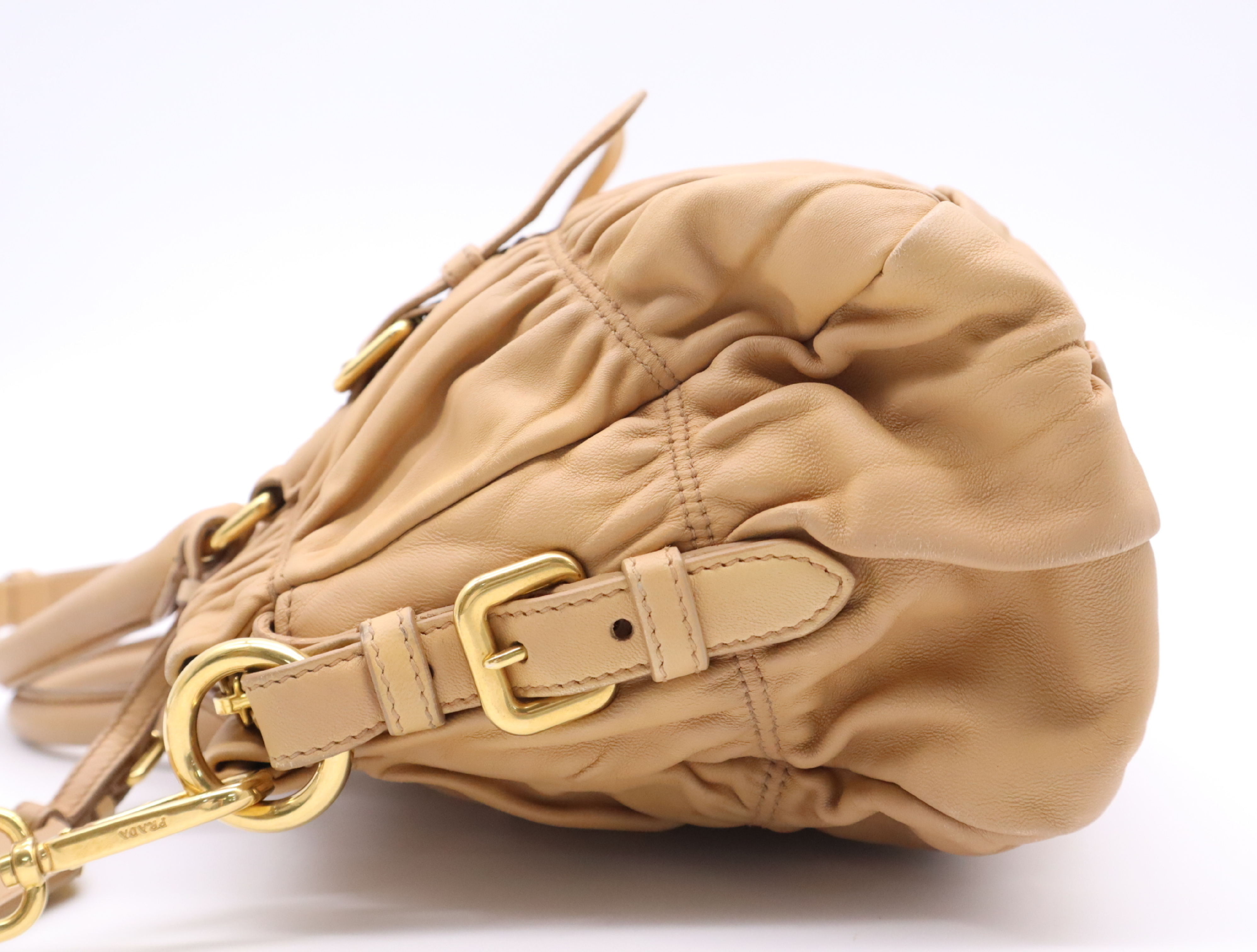 Leather Handbag, Beige, Gold Hardware, with Shoulder Strap, Name Tag, and Card Holder. — view 3