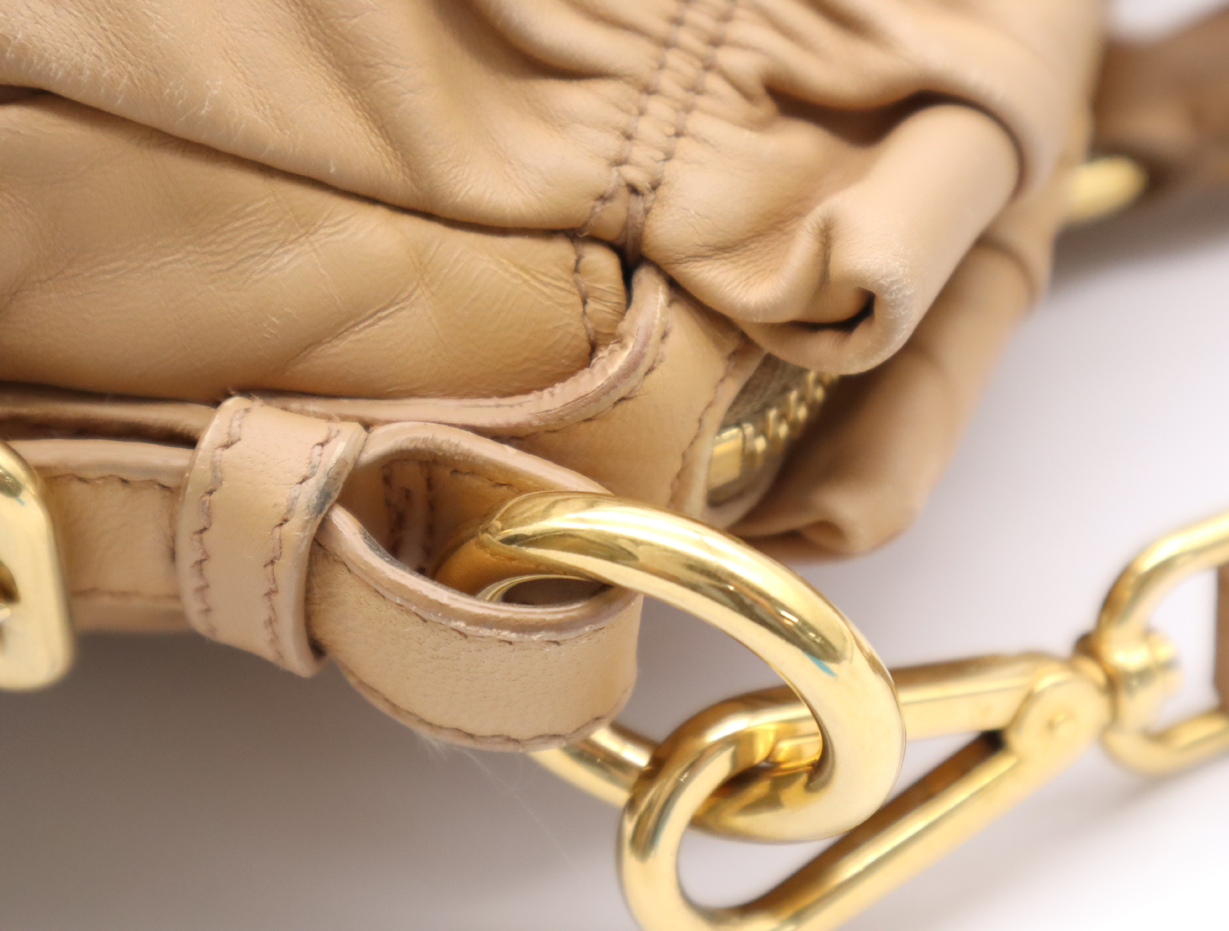 Leather Handbag, Beige, Gold Hardware, with Shoulder Strap, Name Tag, and Card Holder. — view 8