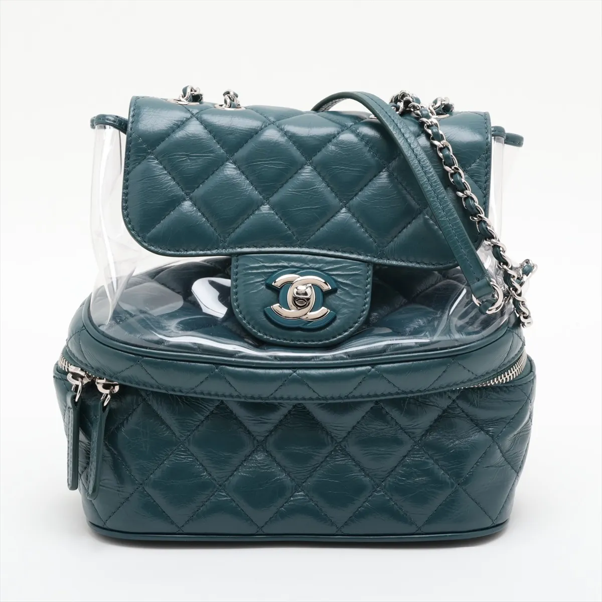 Matelassé Vintage Calfskin x Vinyl Chain Shoulder Bag, Green x Clear, Silver Hardware, 25722557, Serial Number