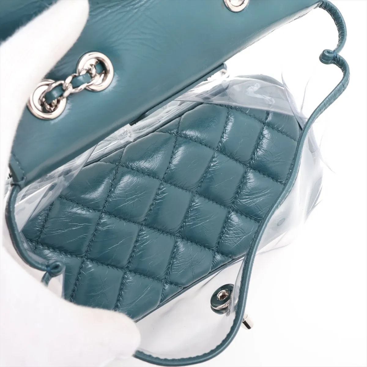 Matelassé Vintage Calfskin x Vinyl Chain Shoulder Bag, Green x Clear, Silver Hardware, 25722557, Serial Number — view 6