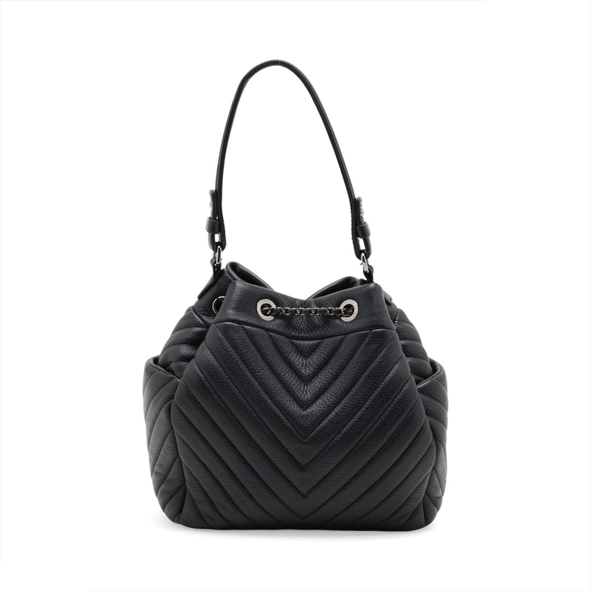 Chevron Leather 2-Way Shoulder Bag, Drawstring, Black, Silver Hardware — view 2