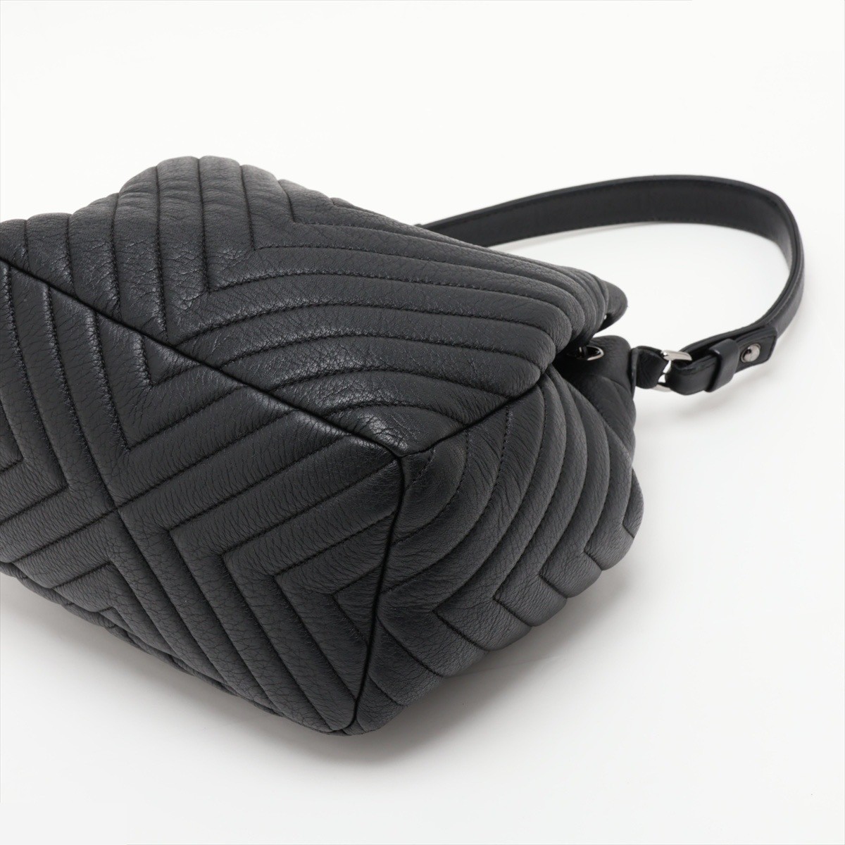 Chevron Leather 2-Way Shoulder Bag, Drawstring, Black, Silver Hardware — view 3