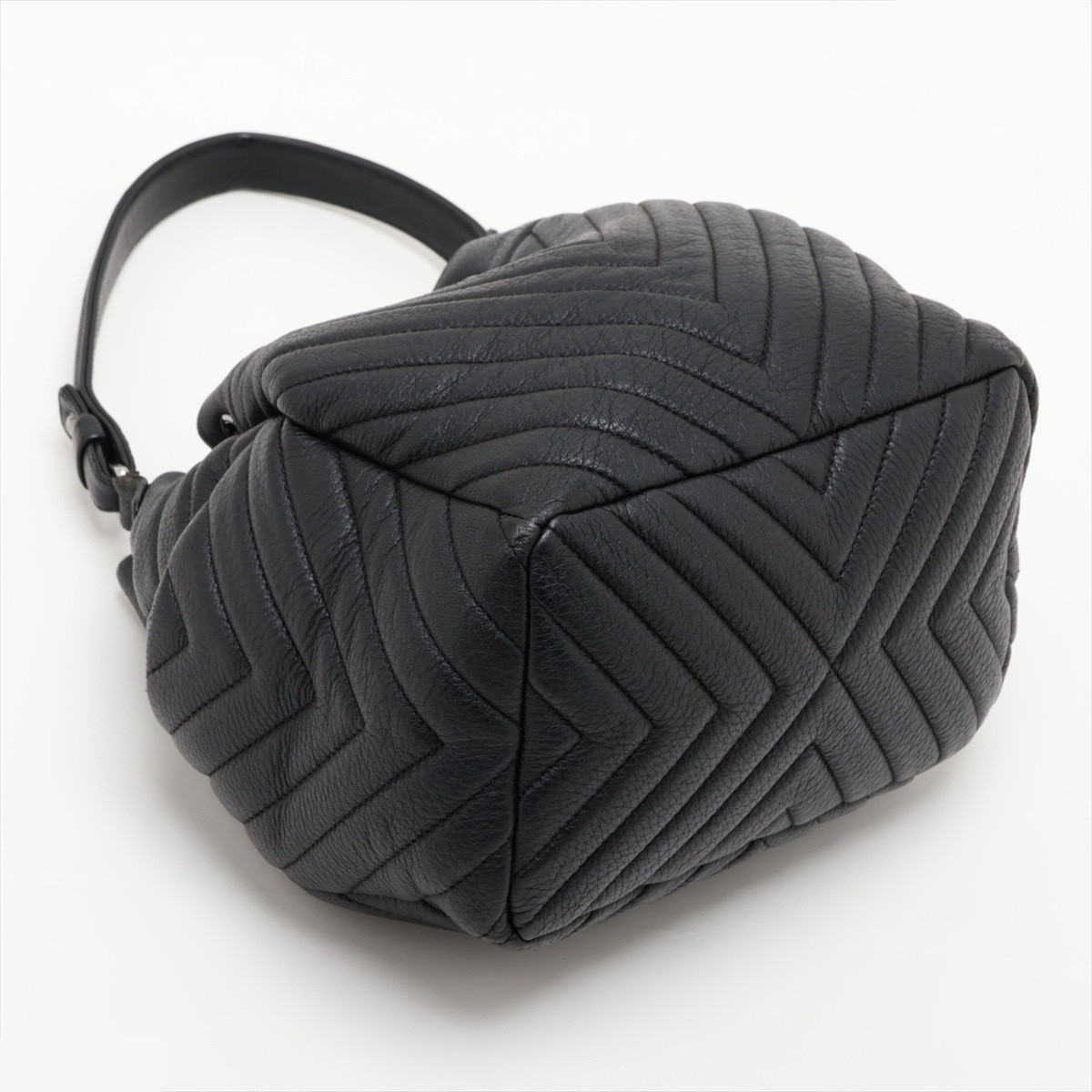 Chevron Leather 2-Way Shoulder Bag, Drawstring, Black, Silver Hardware — view 4