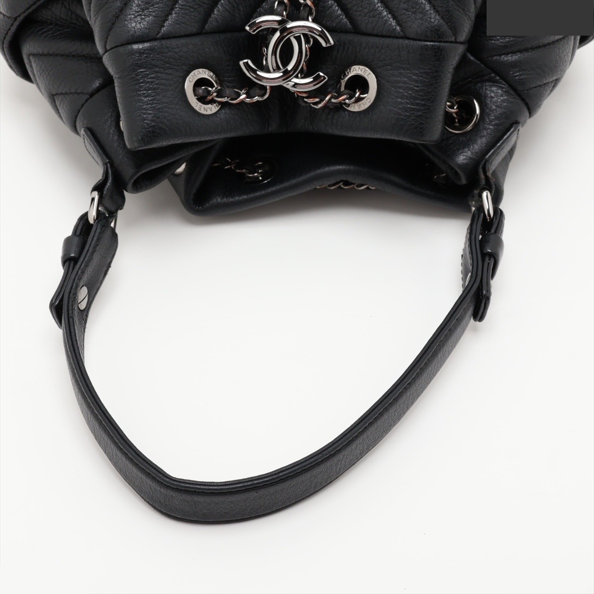 Chevron Leather 2-Way Shoulder Bag, Drawstring, Black, Silver Hardware — view 5