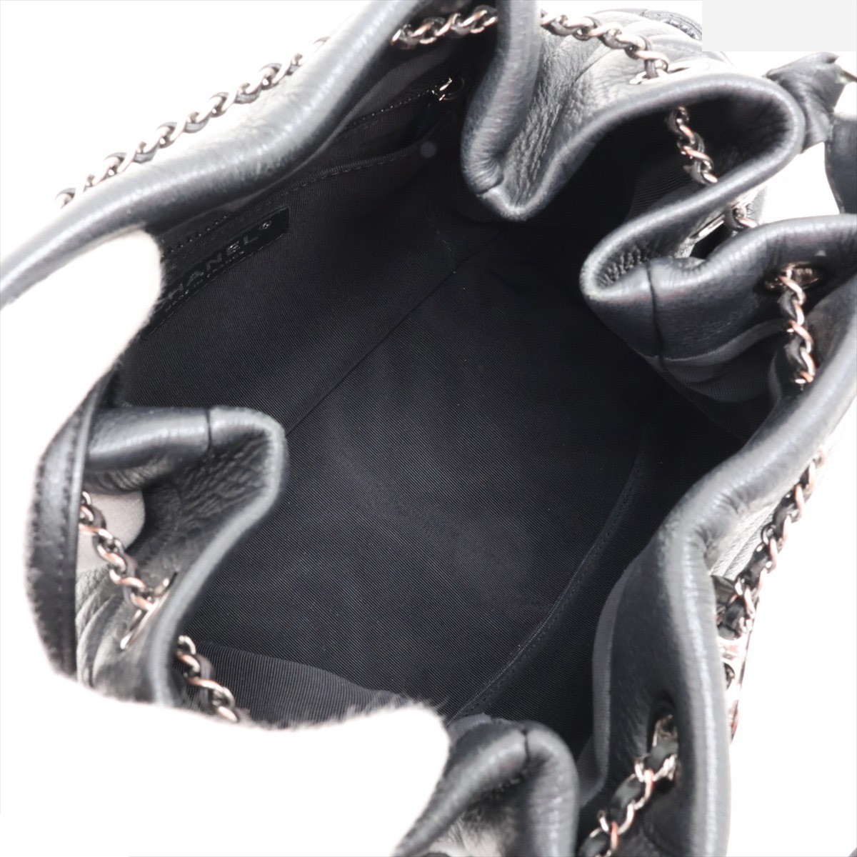 Chevron Leather 2-Way Shoulder Bag, Drawstring, Black, Silver Hardware — view 8