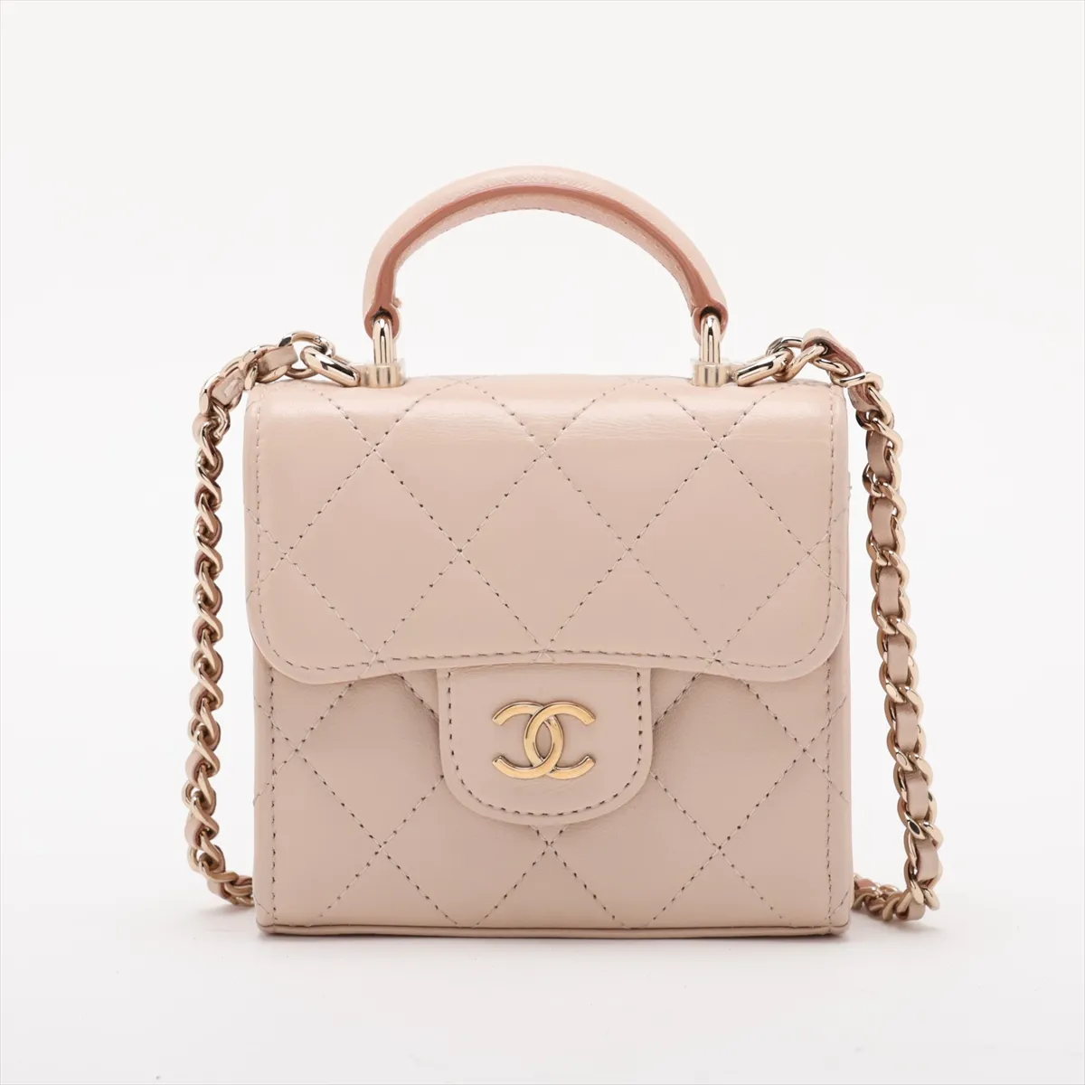 Matelassé Lambskin Chain Shoulder Bag, Top Handle, Beige, Gold Hardware, LEGK3A8L, Random Serial Number