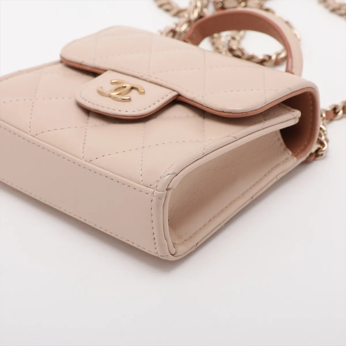 Matelassé Lambskin Chain Shoulder Bag, Top Handle, Beige, Gold Hardware, LEGK3A8L, Random Serial Number — view 3
