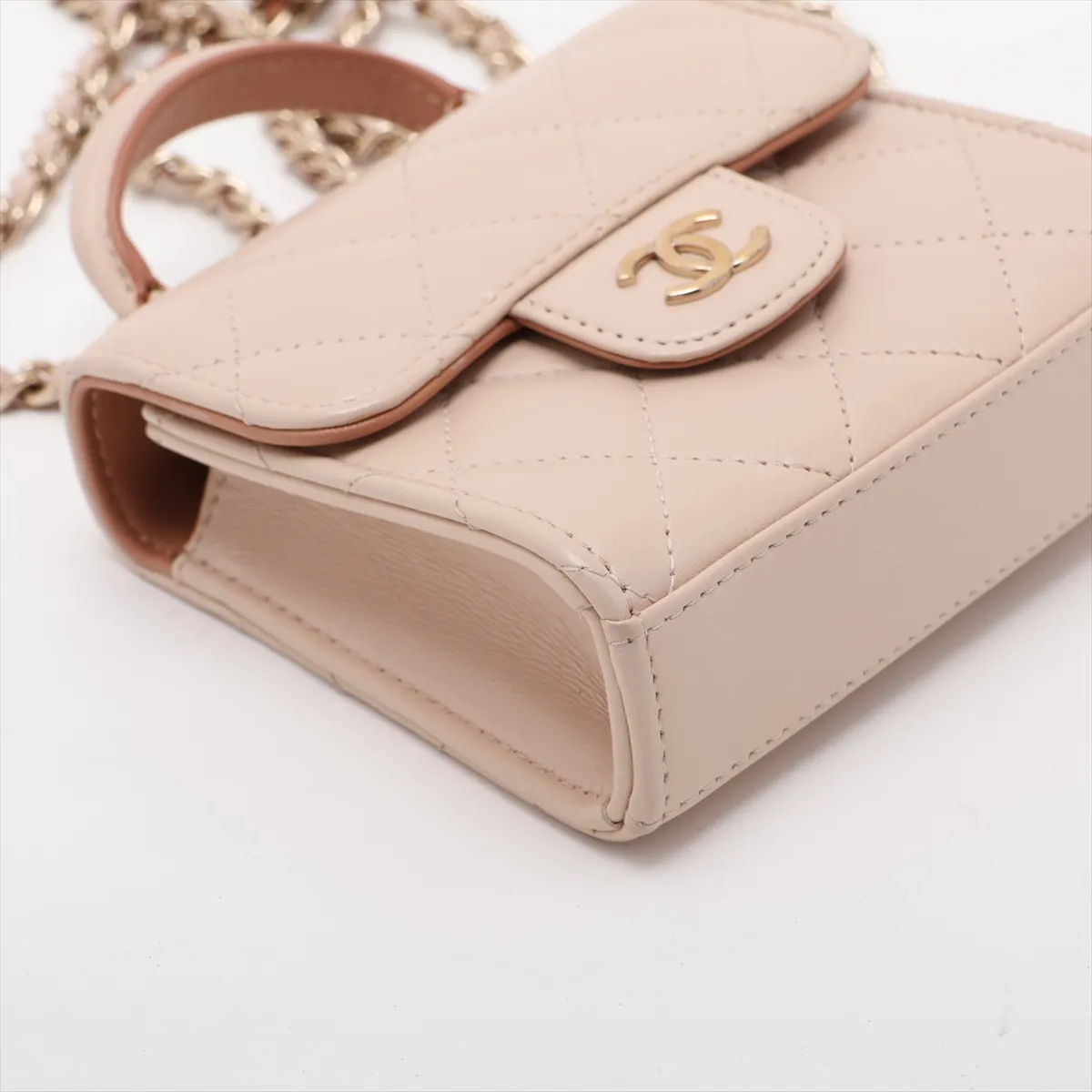 Matelassé Lambskin Chain Shoulder Bag, Top Handle, Beige, Gold Hardware, LEGK3A8L, Random Serial Number — view 4