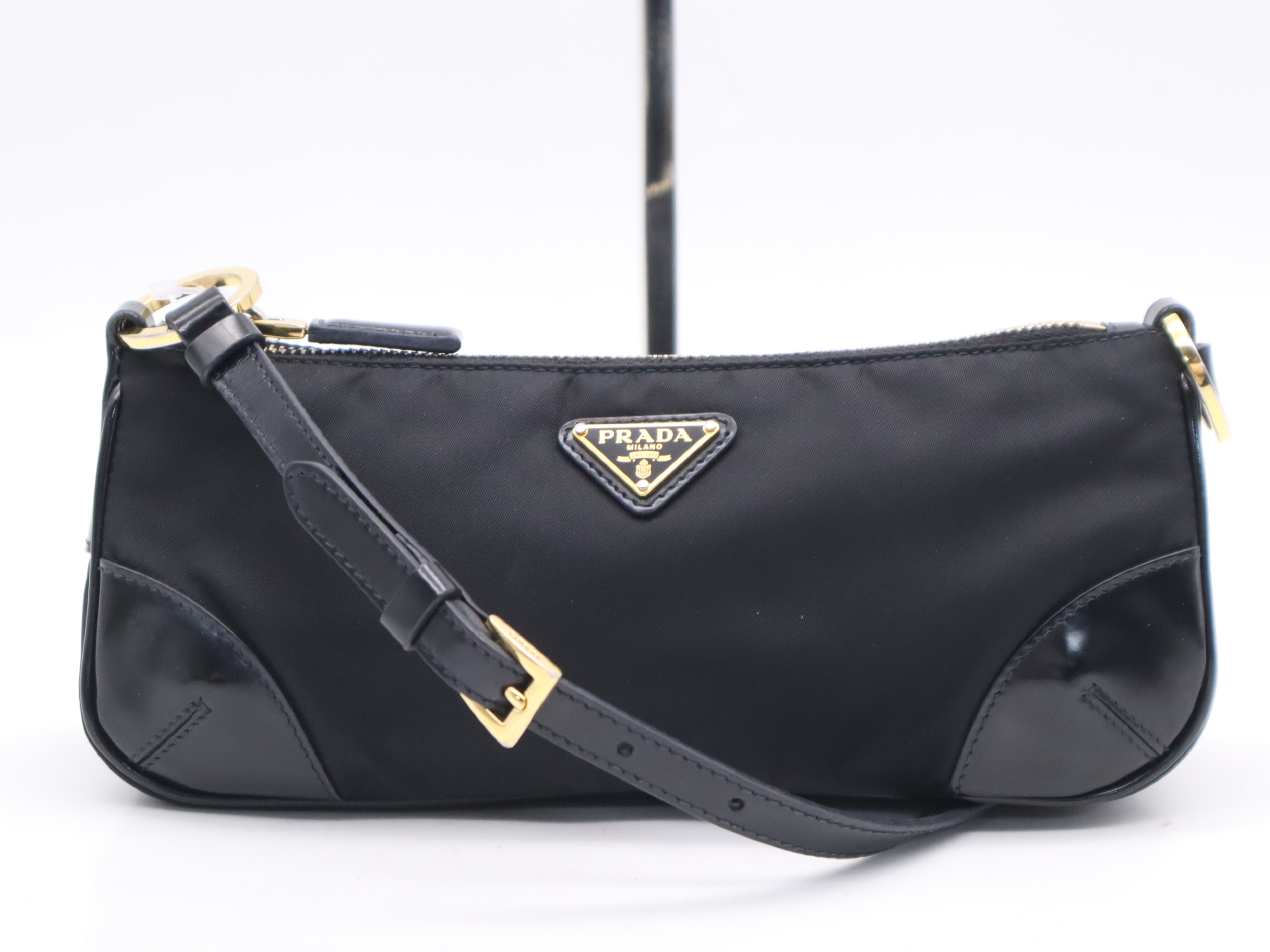 Nylon Triangle Logo Shoulder Bag, Black, Silver Hardware