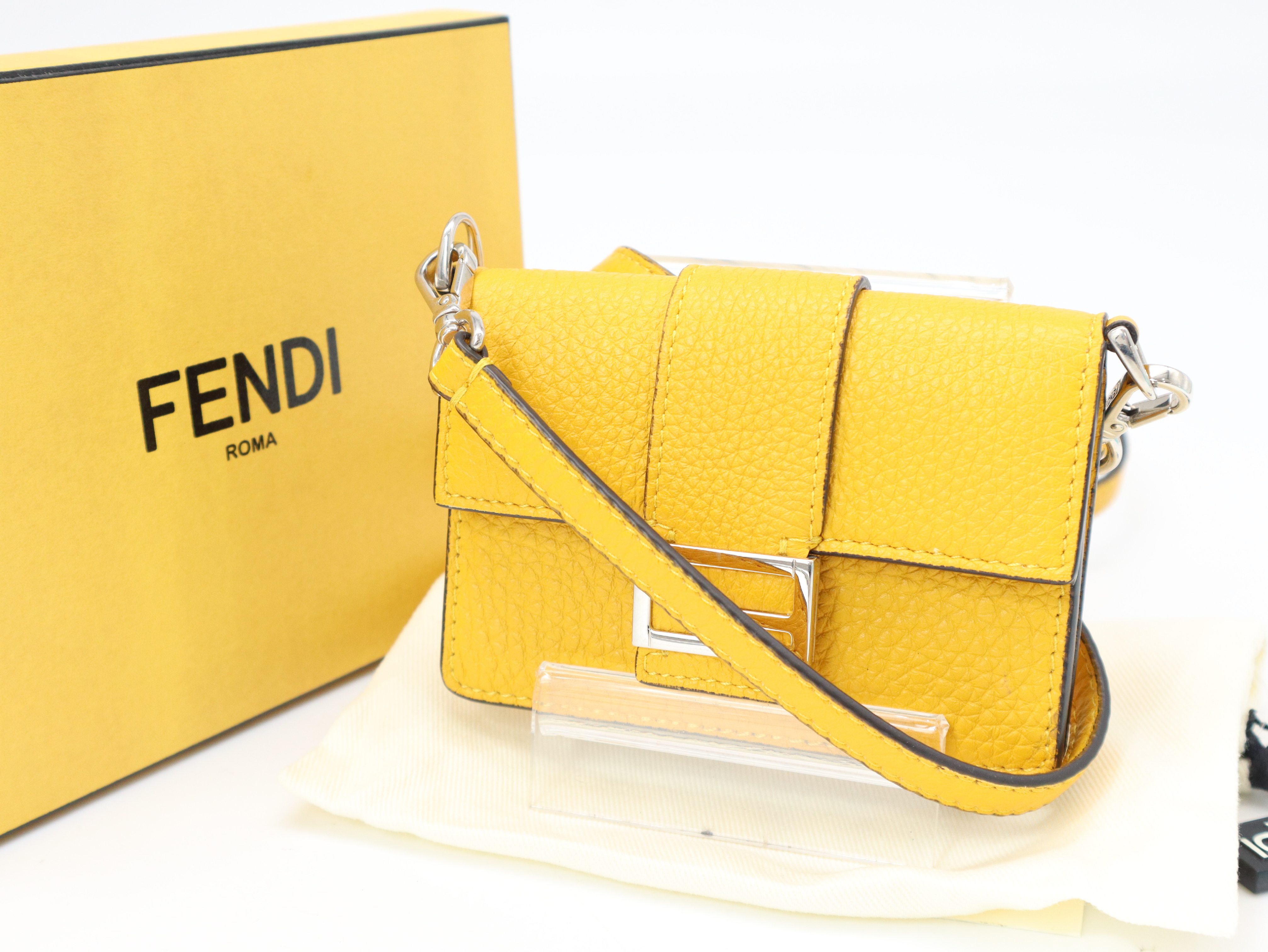 Leather Micro Flat Baguette Shoulder Pouch, Yellow, with Shoulder Strap, Dust Bag, and Box.