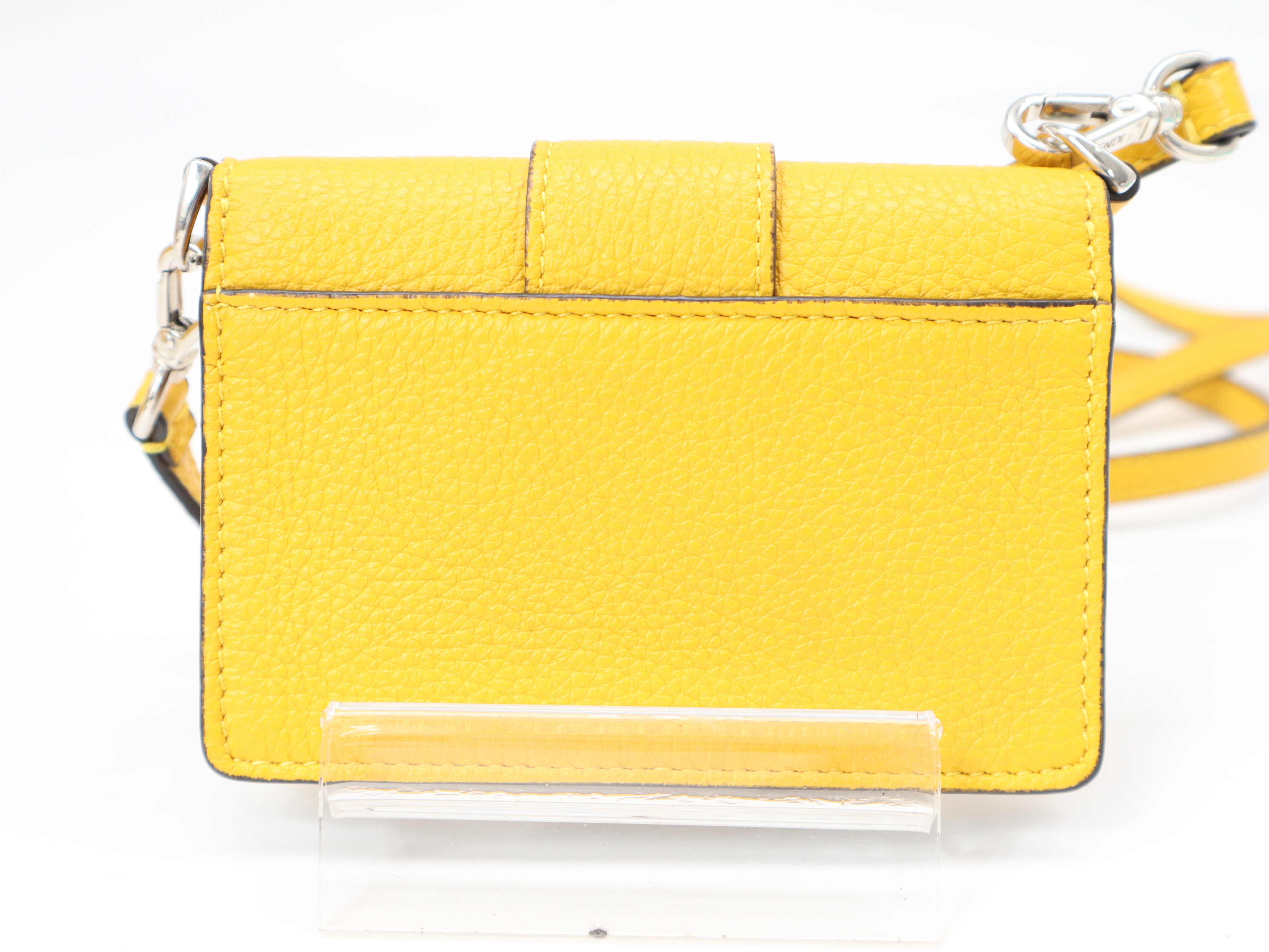 Leather Micro Flat Baguette Shoulder Pouch, Yellow, with Shoulder Strap, Dust Bag, and Box. — view 2