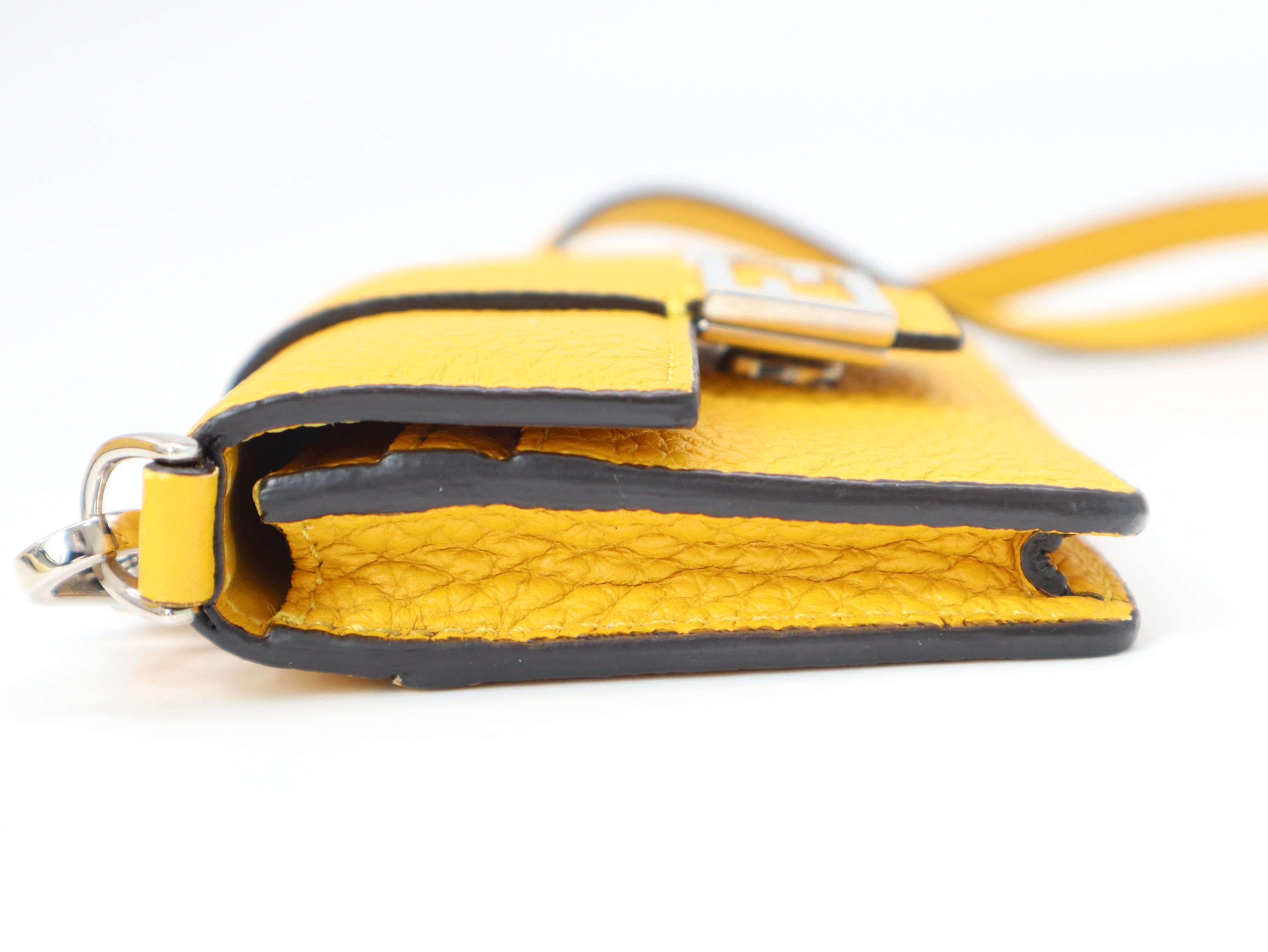 Leather Micro Flat Baguette Shoulder Pouch, Yellow, with Shoulder Strap, Dust Bag, and Box. — view 5
