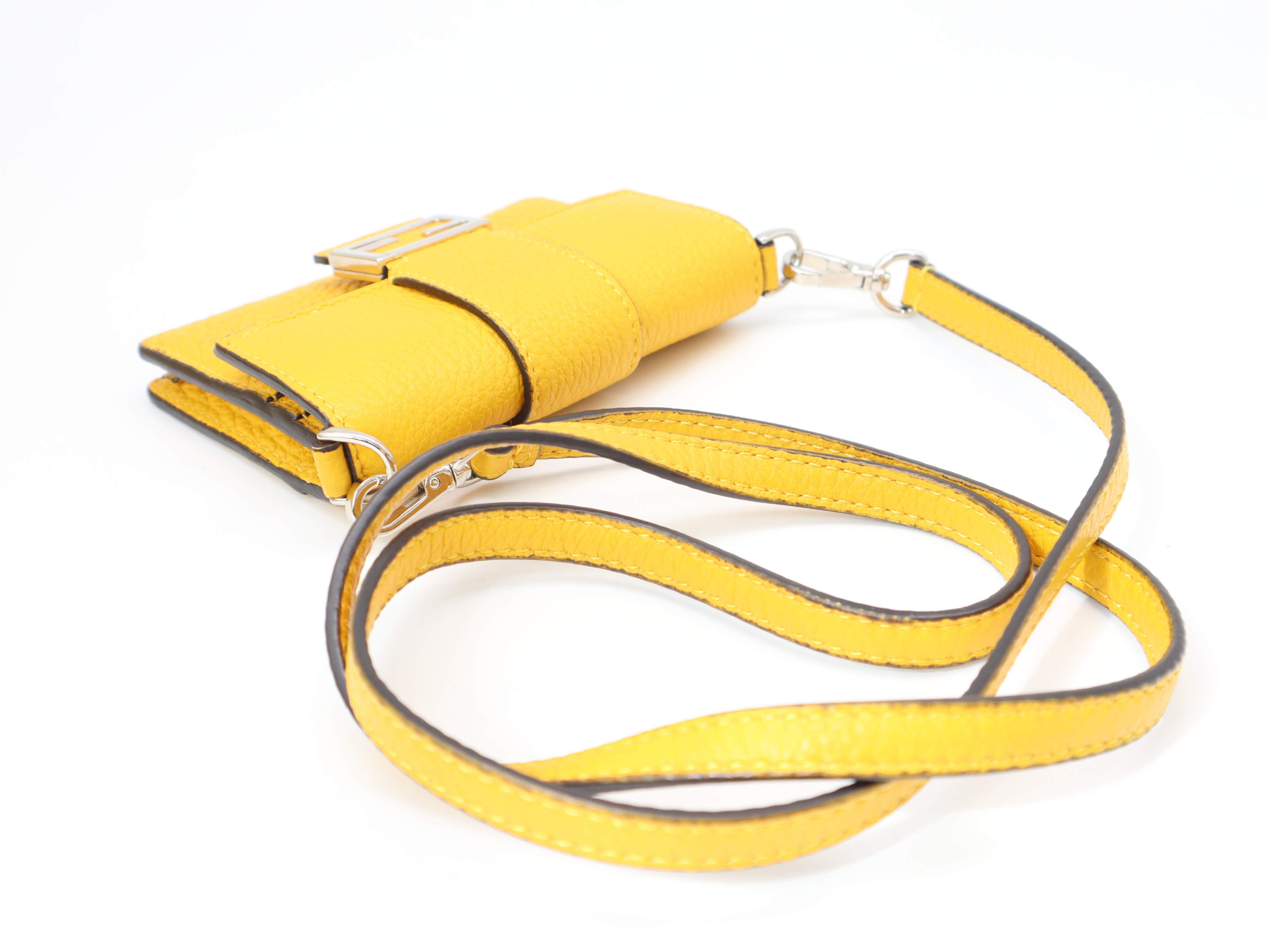 Leather Micro Flat Baguette Shoulder Pouch, Yellow, with Shoulder Strap, Dust Bag, and Box. — view 7