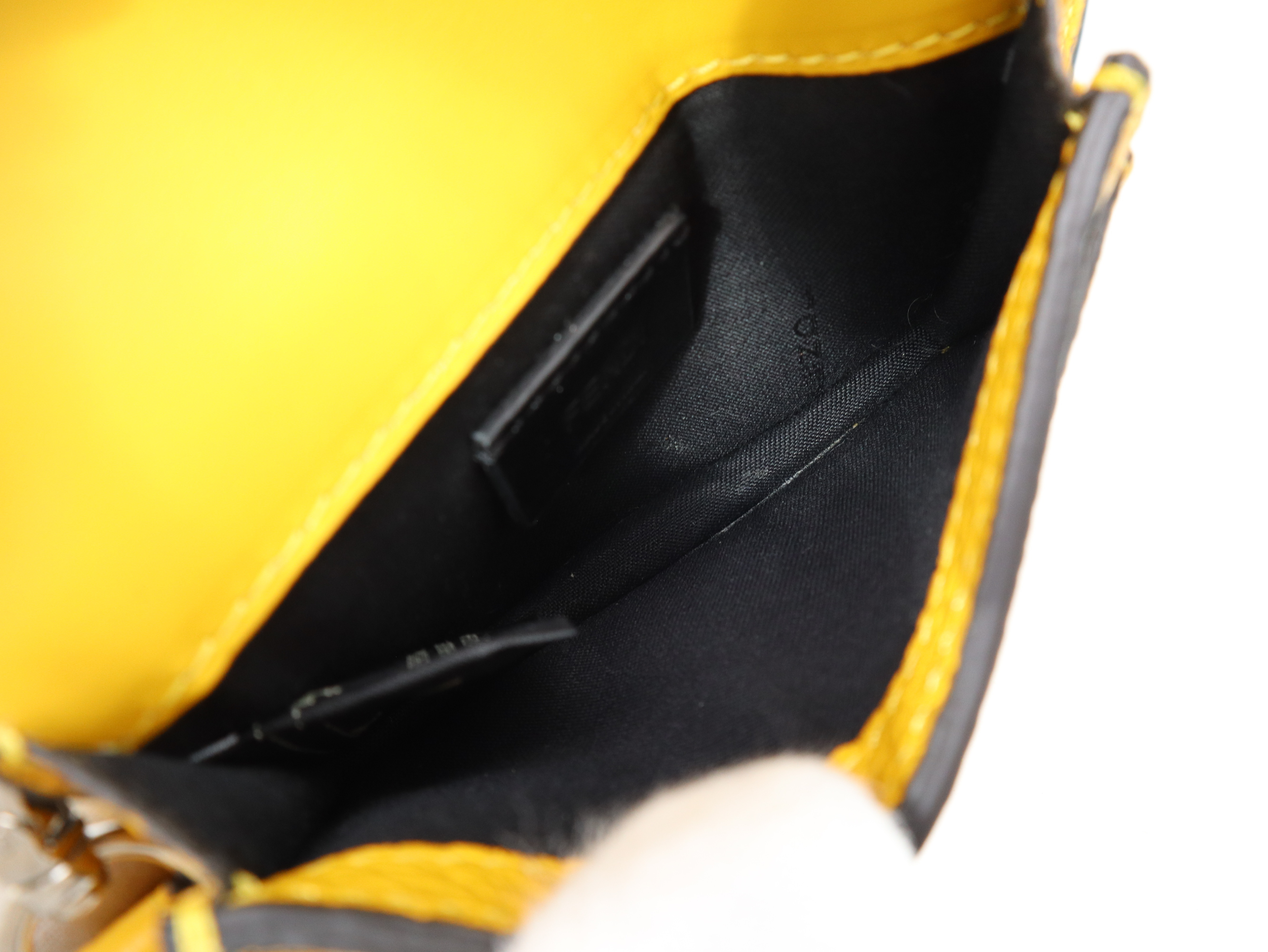 Leather Micro Flat Baguette Shoulder Pouch, Yellow, with Shoulder Strap, Dust Bag, and Box. — view 8