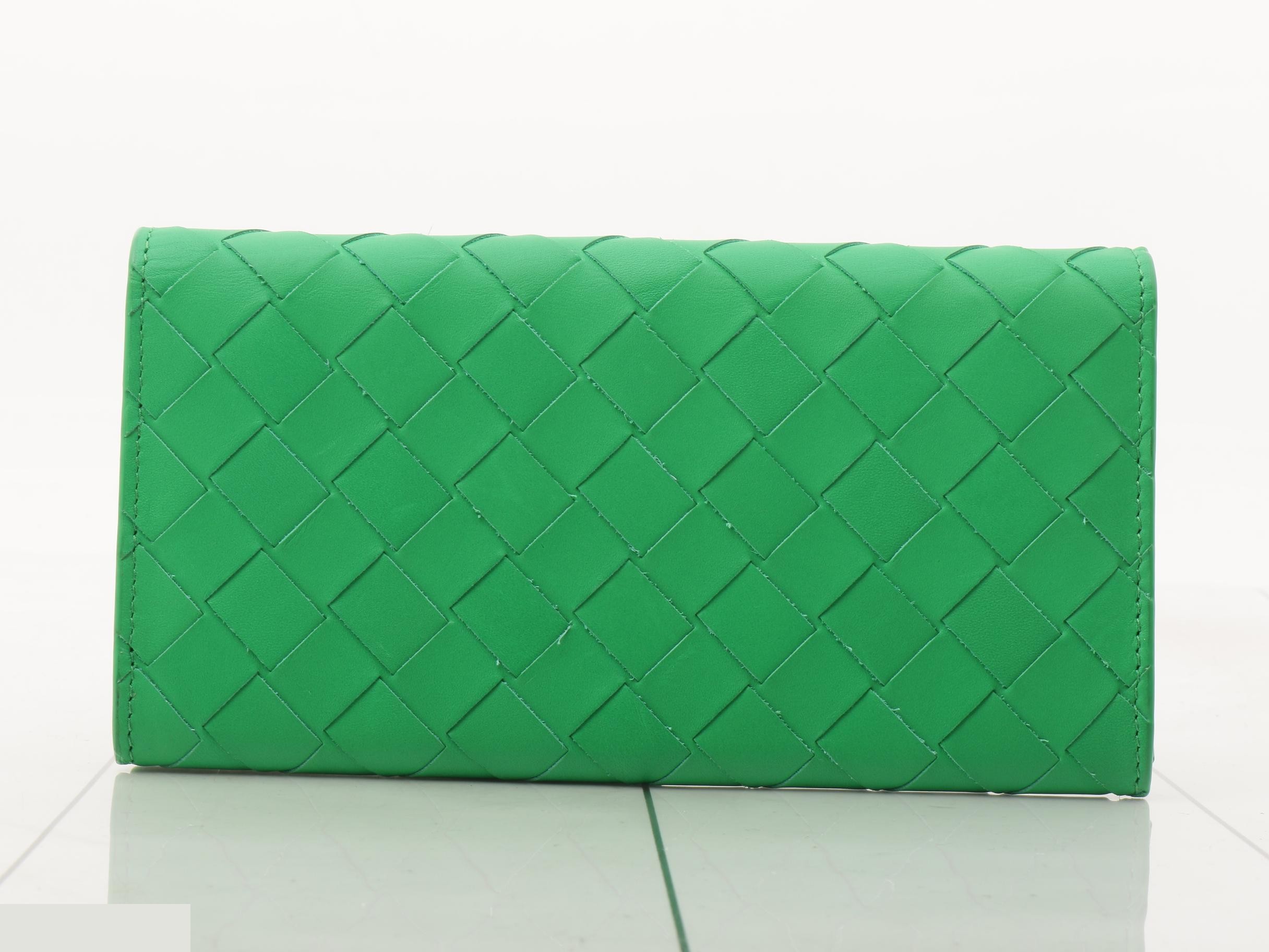 Intrecciato Leather Long Wallet, Green — view 2