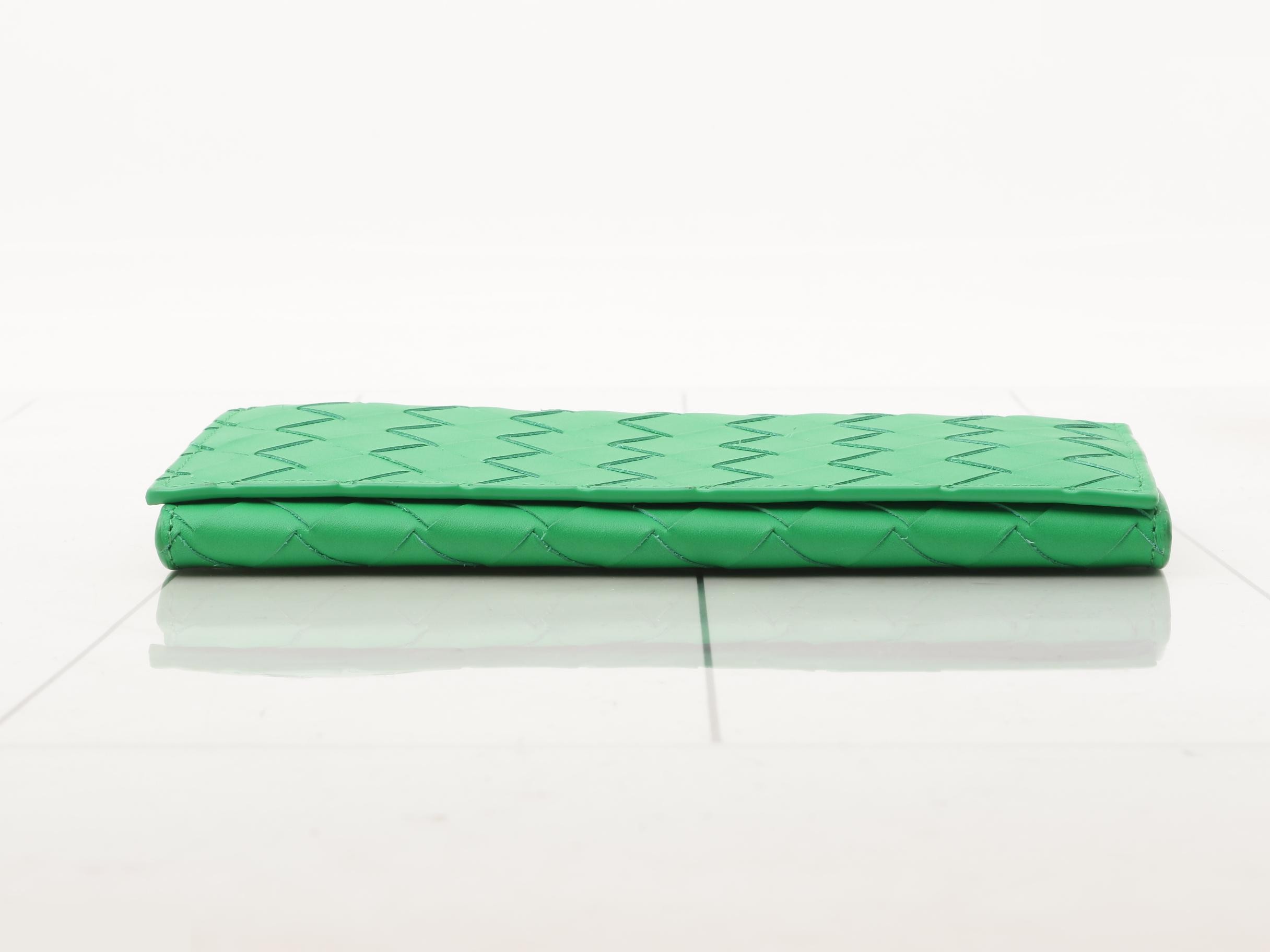 Intrecciato Leather Long Wallet, Green — view 3
