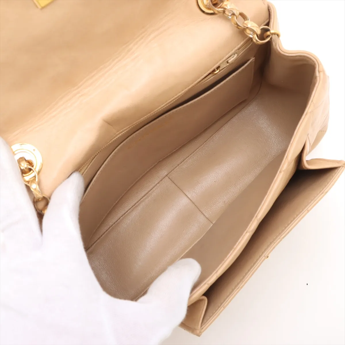 Matelasse Lambskin Single Flap Single Chain Bag Beige Gold Hardware — view 6