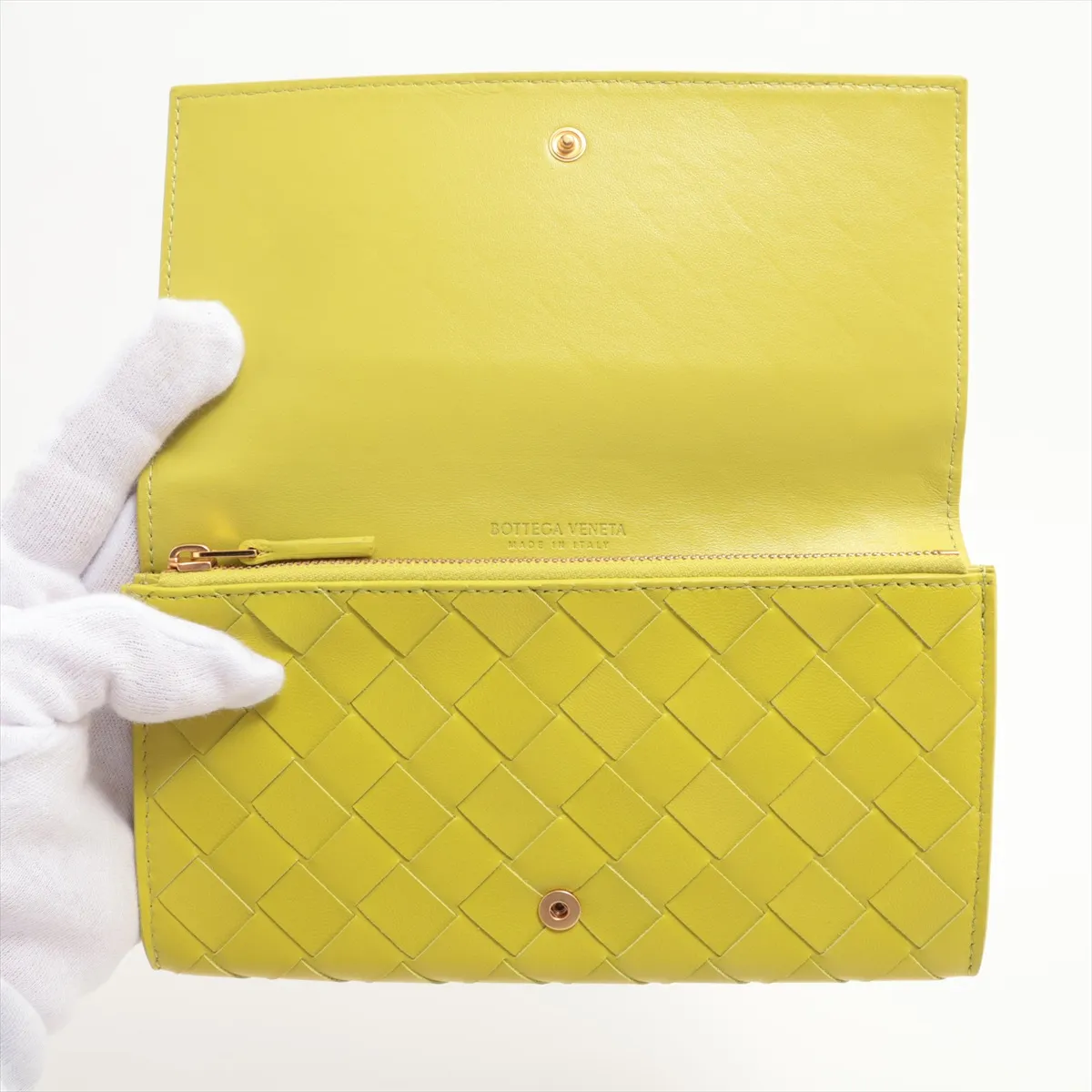 Intrecciato Leather Long Wallet, Yellow — view 3