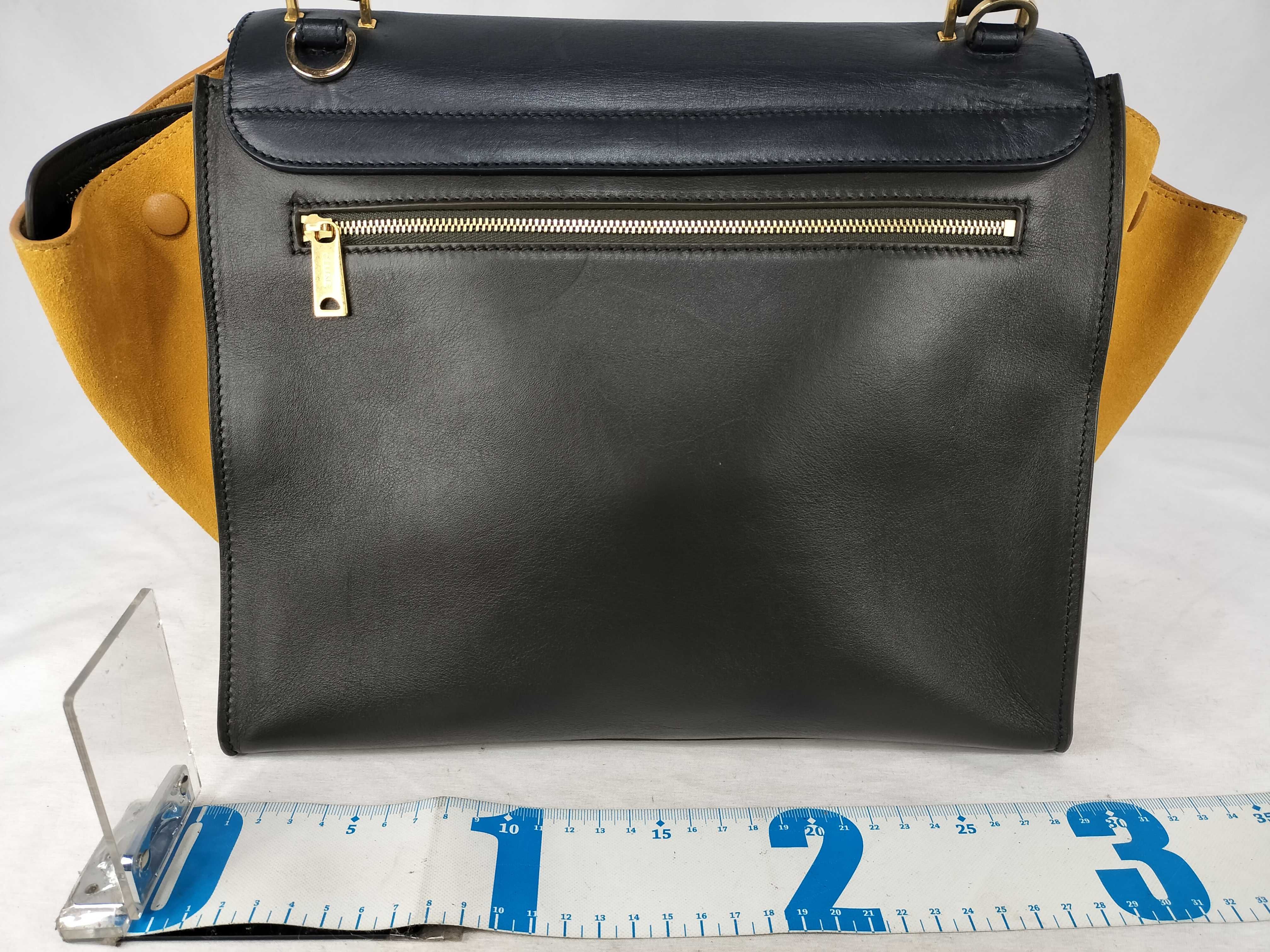 Small Trapeze 2-Way Bag, Leather Suede, Navy x Yellow Handbag — view 2
