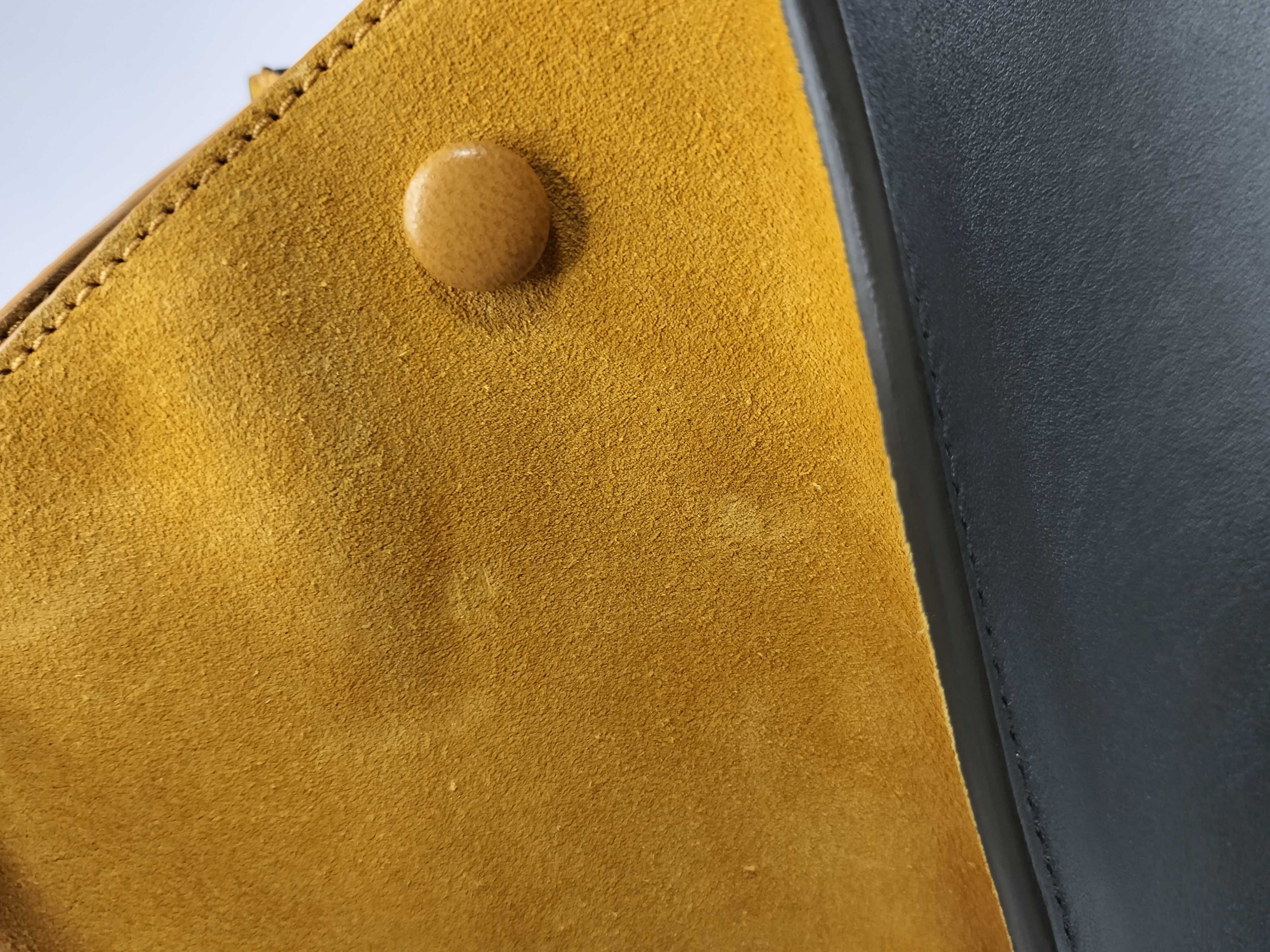 Small Trapeze 2-Way Bag, Leather Suede, Navy x Yellow Handbag — view 14
