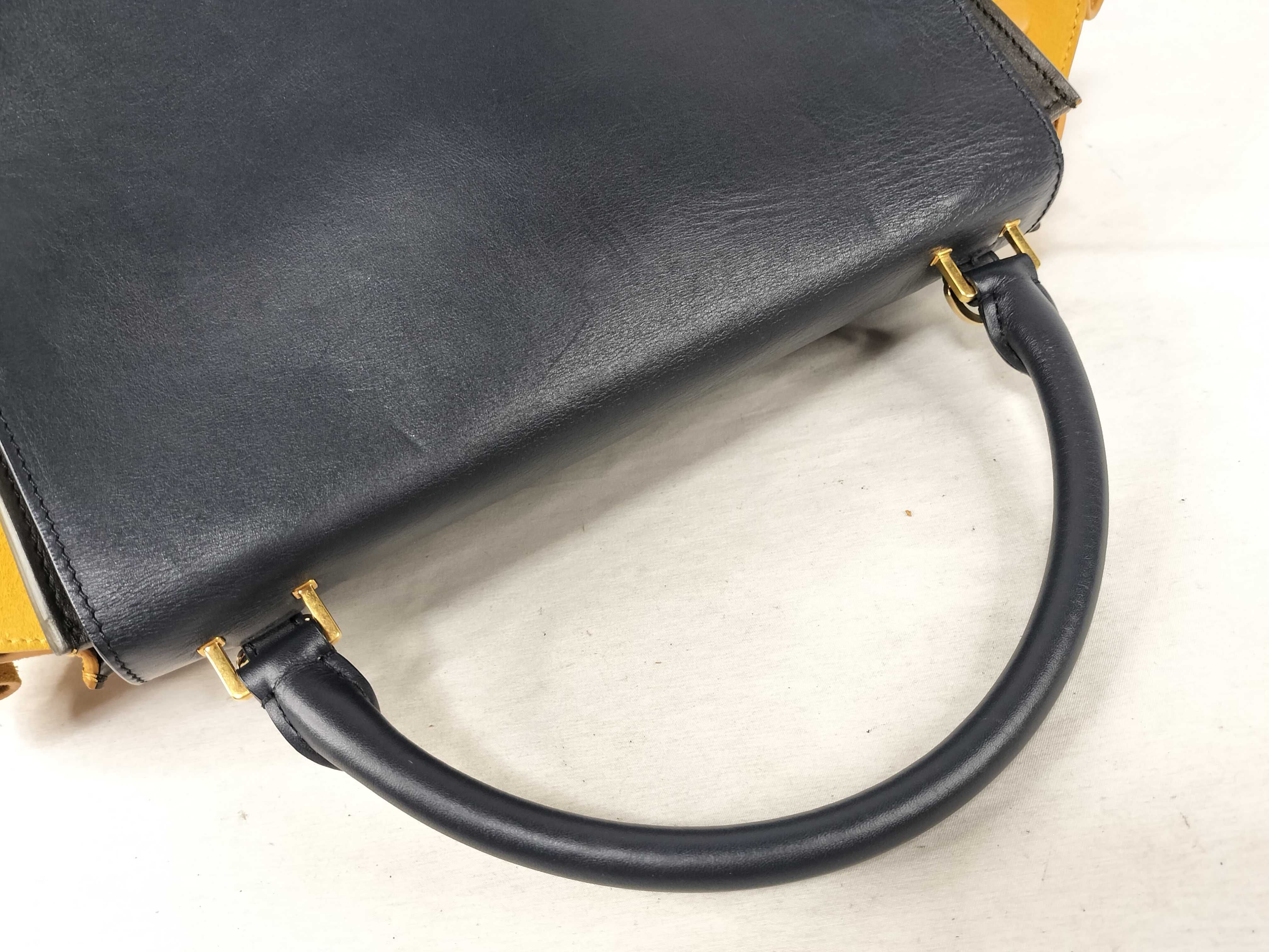 Small Trapeze 2-Way Bag, Leather Suede, Navy x Yellow Handbag — view 3