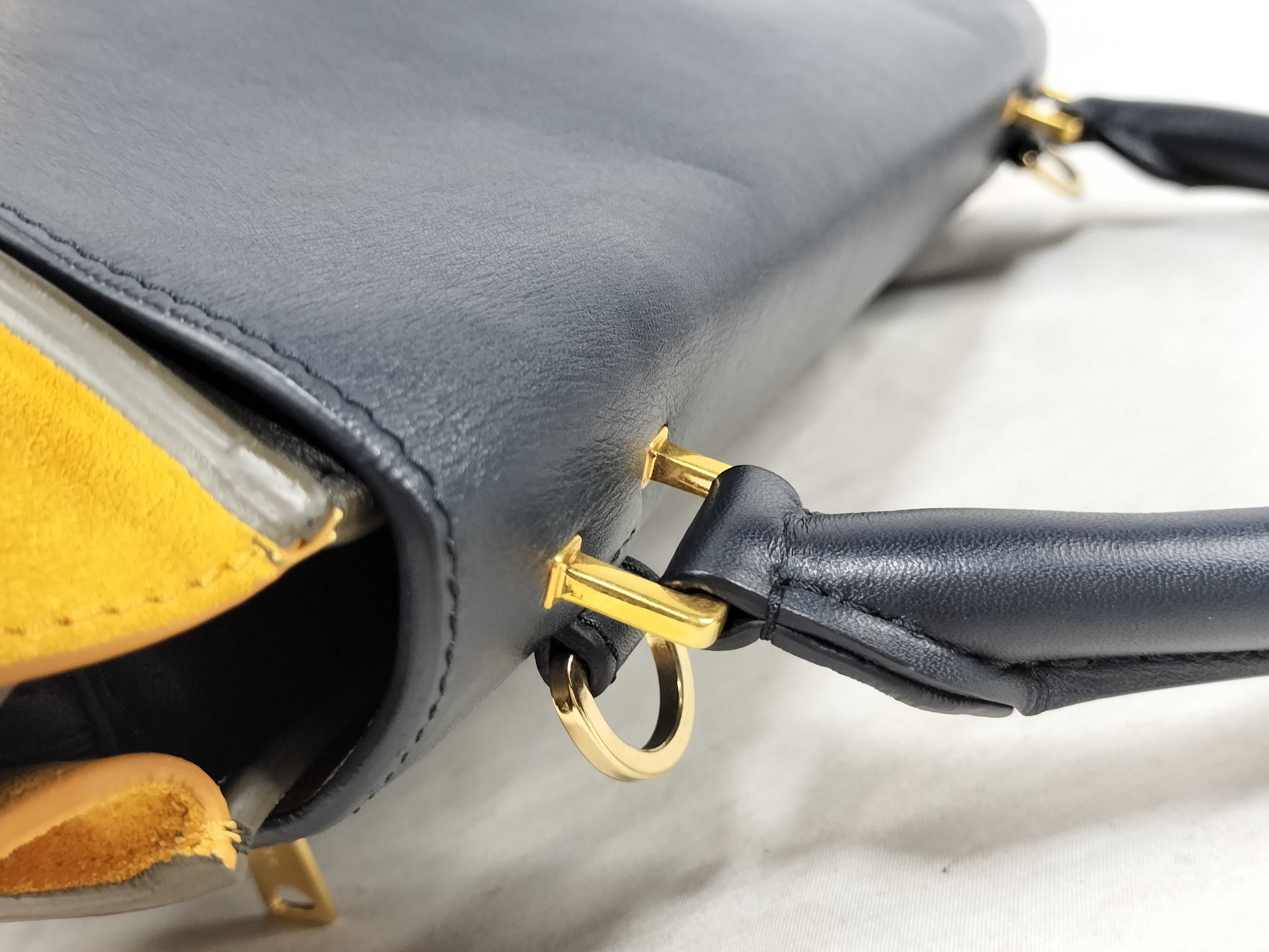 Small Trapeze 2-Way Bag, Leather Suede, Navy x Yellow Handbag — view 5